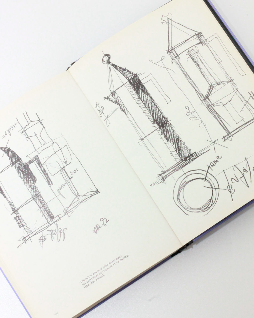 Objets Affectifs: Le Nouveau Design de la Table' Book — open view with pencil sketches on white pages