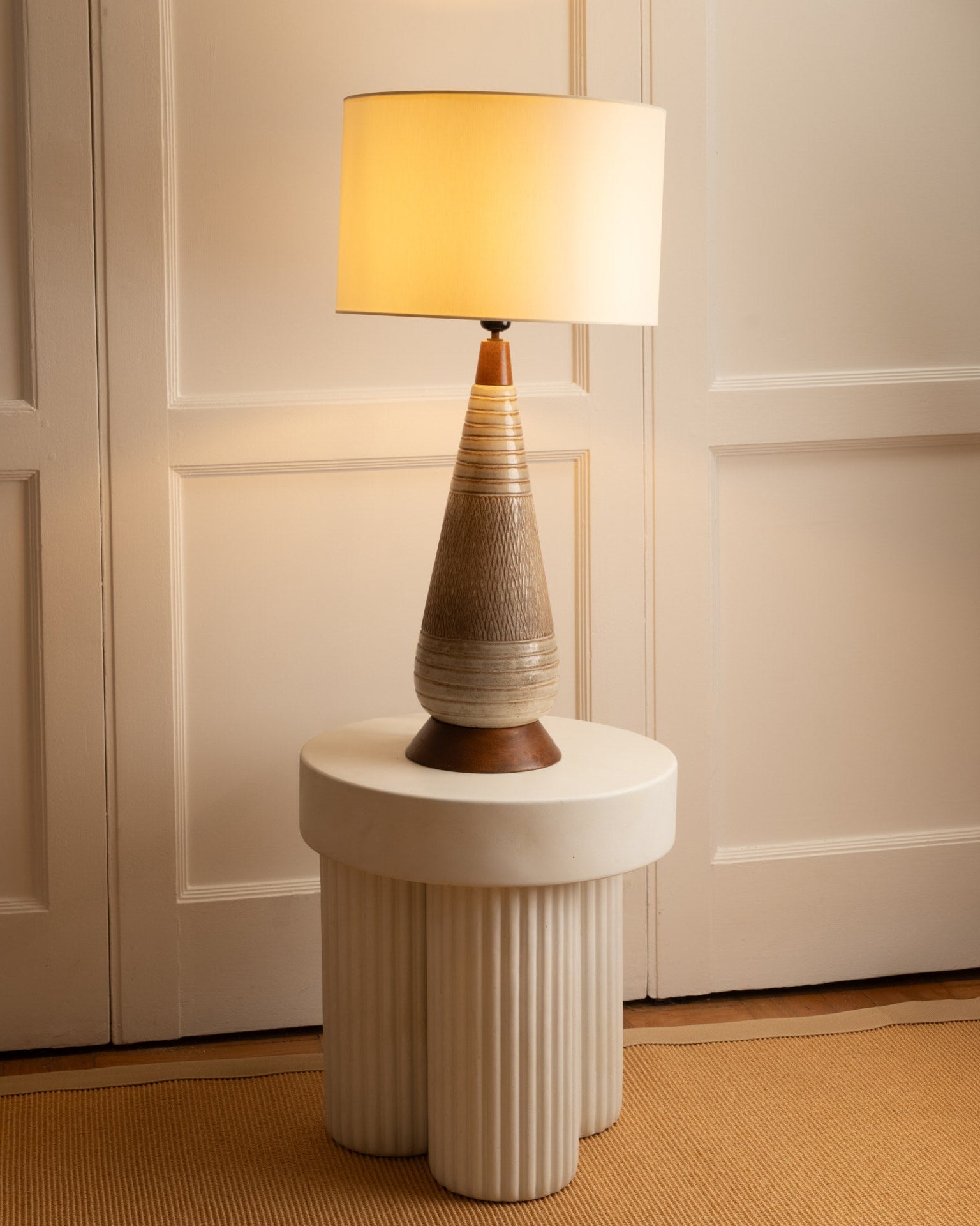 Conical ceramic Danish table lamp with textured bands on fluted pedestal