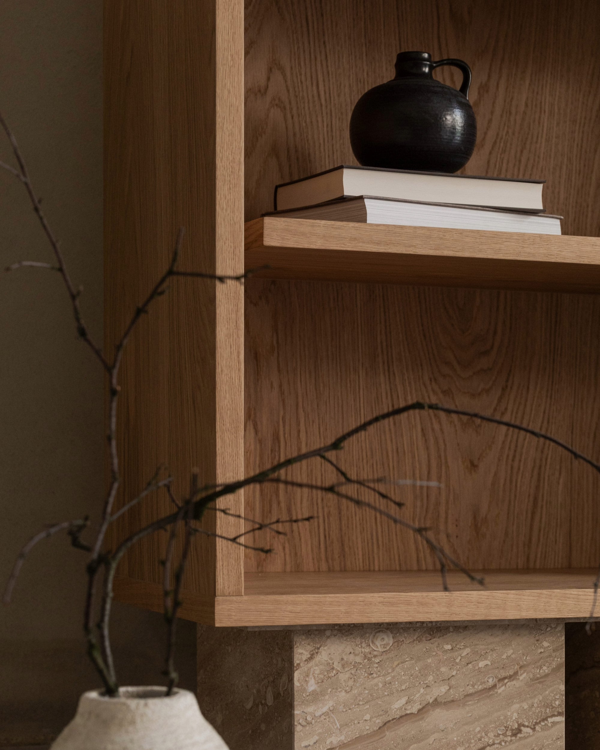 BLOCK cabinet oak wood shelves styled with ceramic vase and books