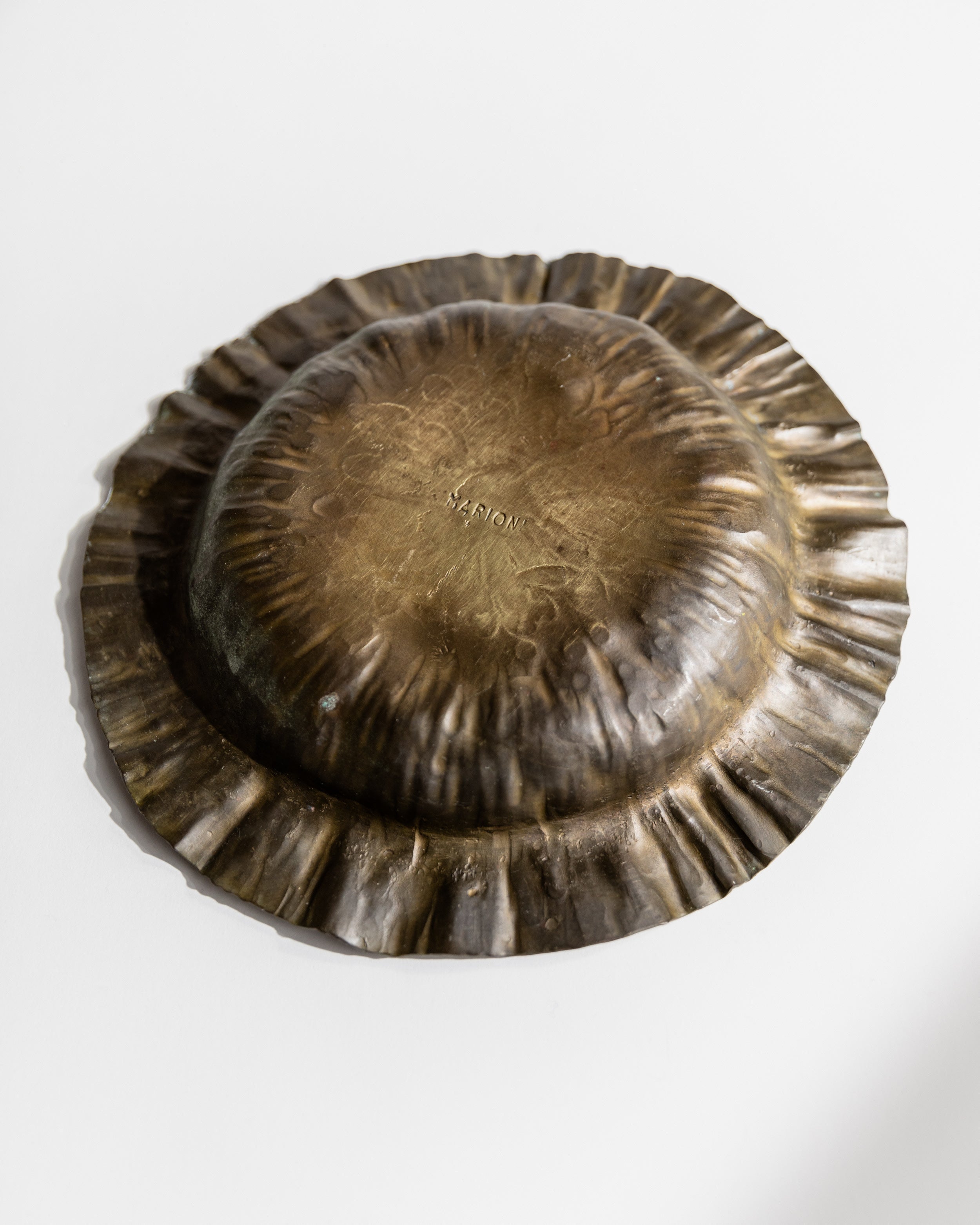 Vintage brass scalloped bowl by Marioni Italy 1960s detail view
