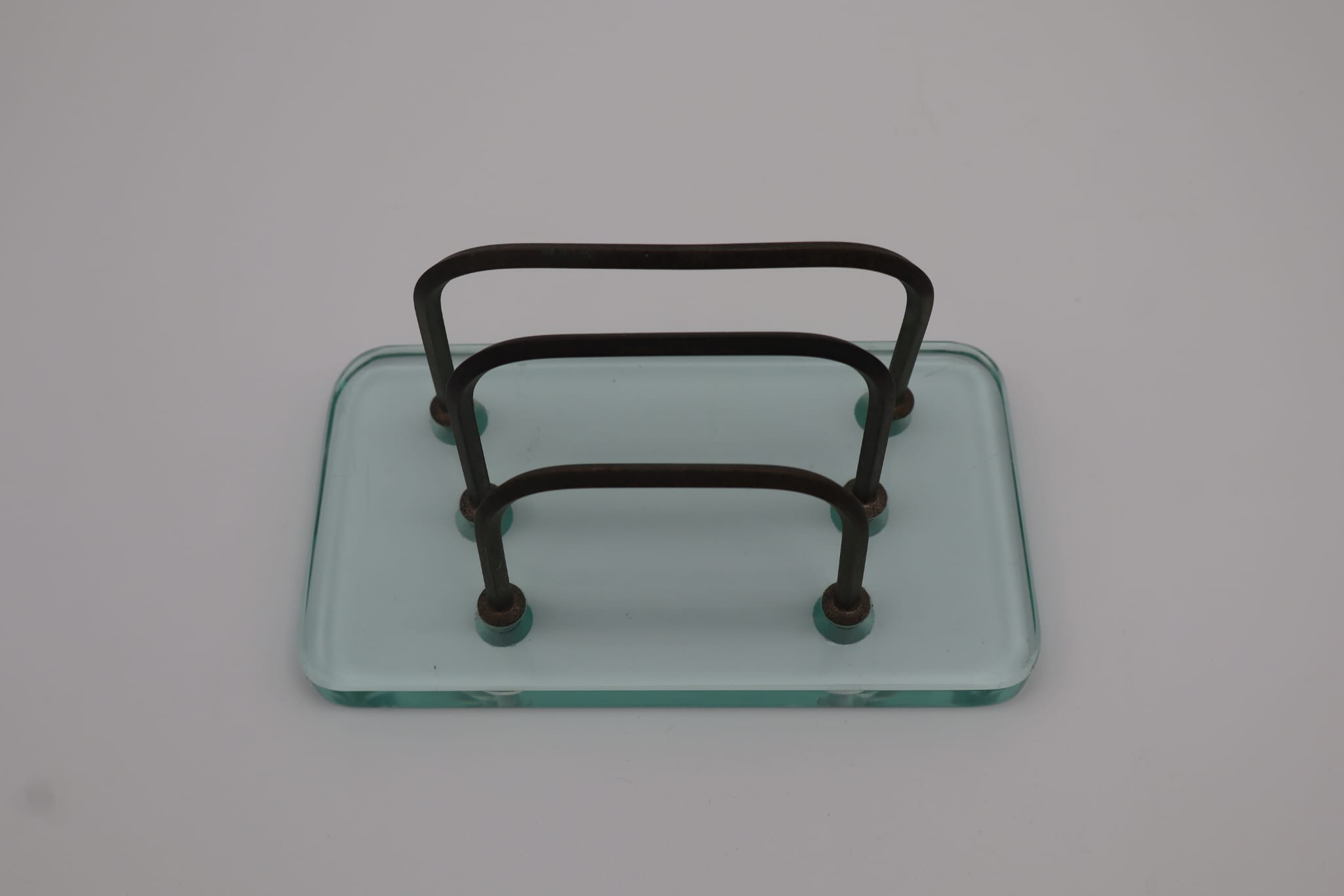 Mid-Century Modern Heavy Glass & Burnished Metal Letter Rack