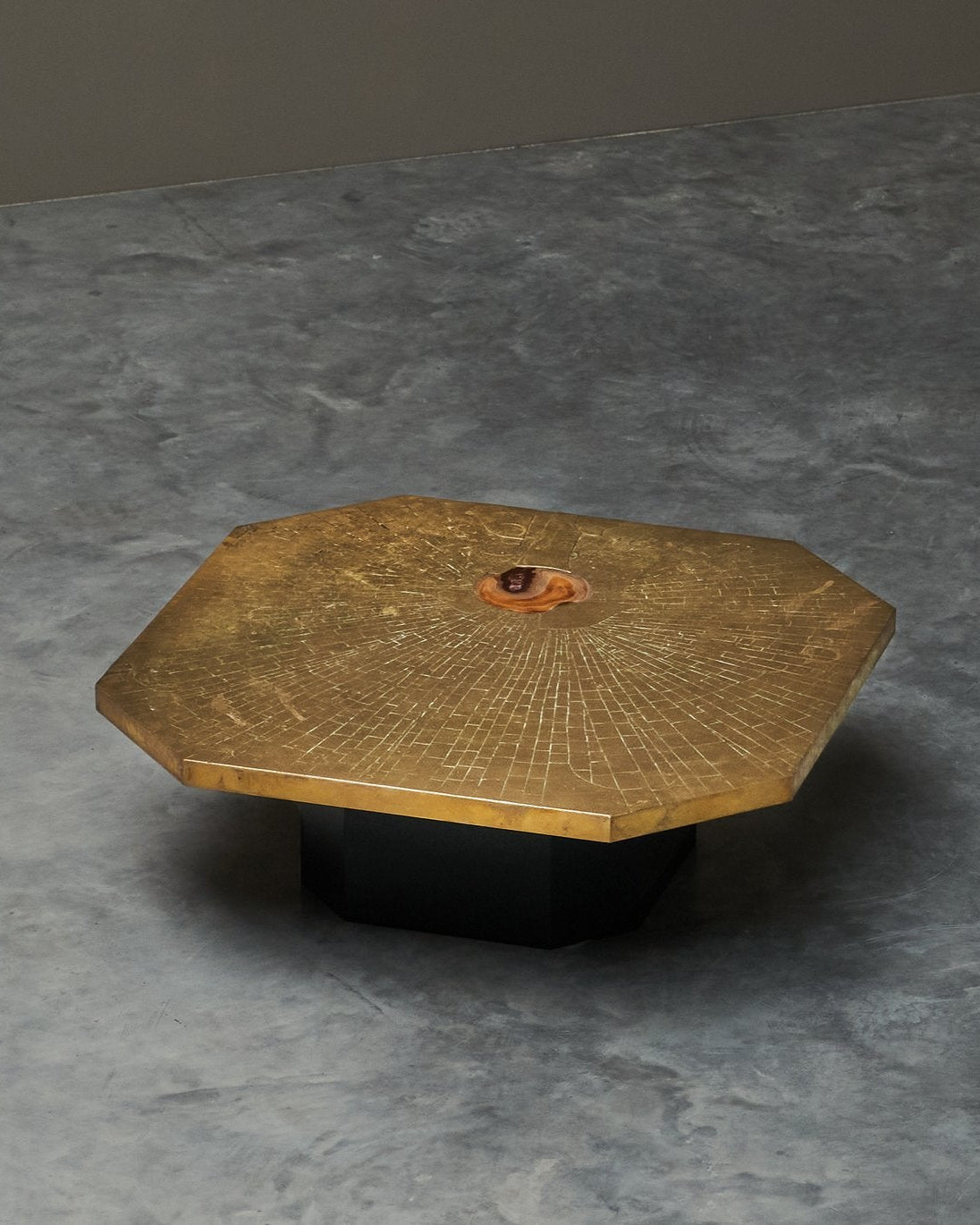 Christian Krekels Art Coffee Table in Inlaid Brass and Agate 1989 — side angle
