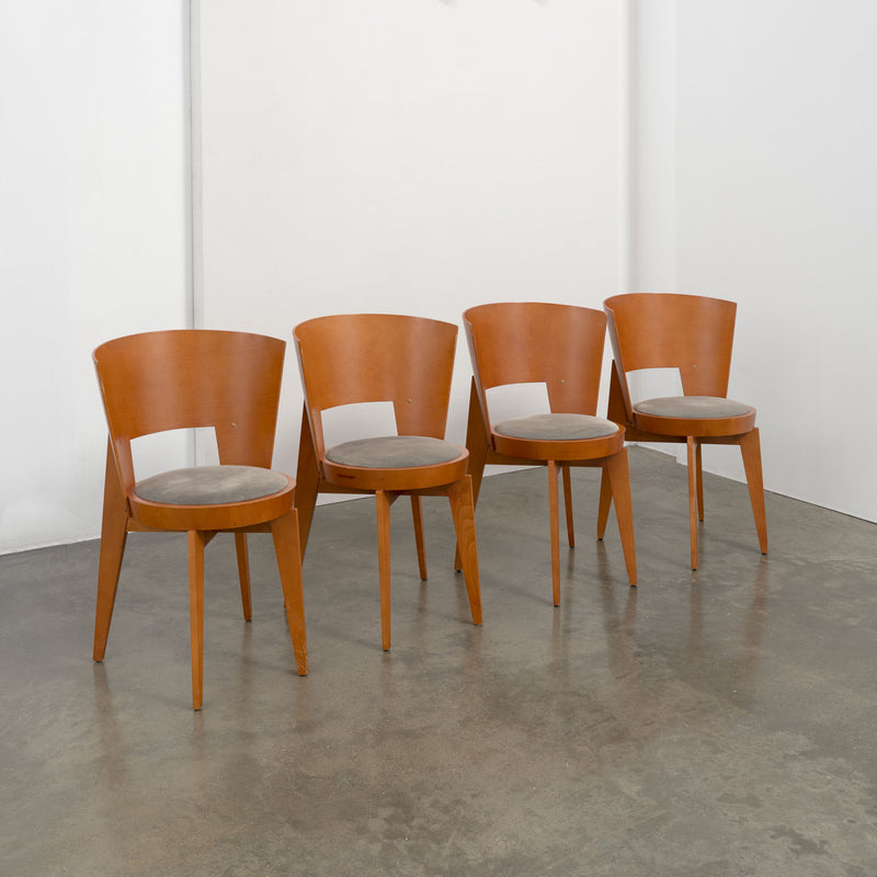 4 "Ola" Dining Chairs designed by Pascal Mourgue — close-up of wooden frame and fabric seat