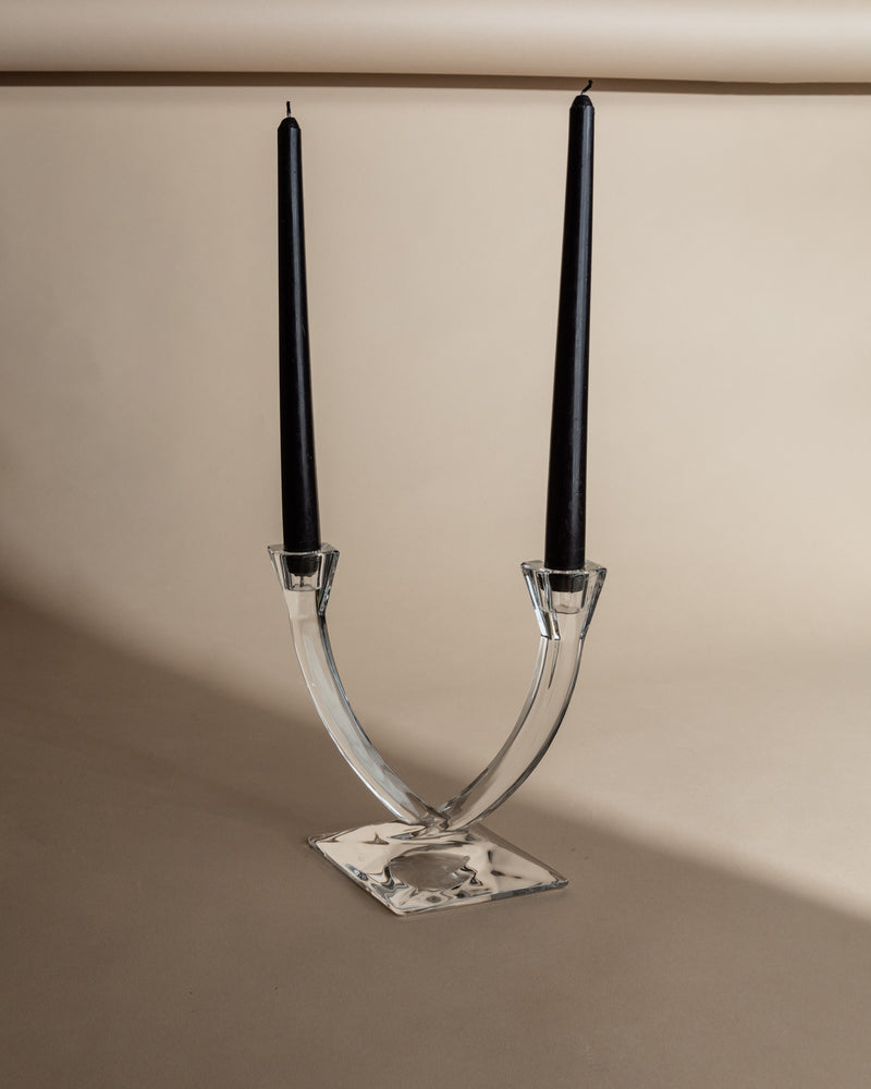 Crystal V-shaped candleholder with black tapered candles from 1980s