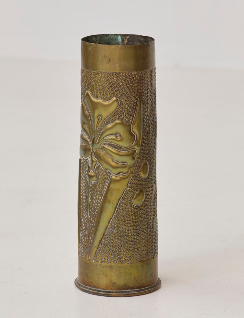 Vintage Vase in Metal Brass (hand-repoussé Iris motif) — side angle