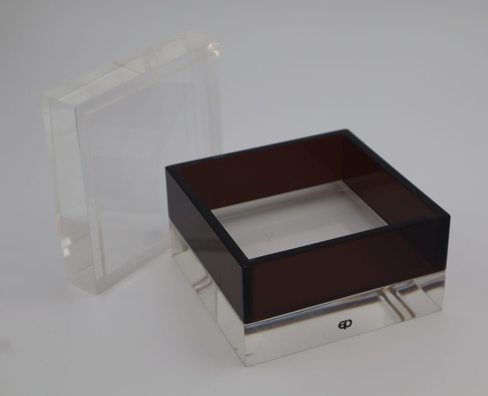 Mid-Century Modern Acrylic Cube Box, Italy, 1970s — angled view showing clear and dark acrylic layers