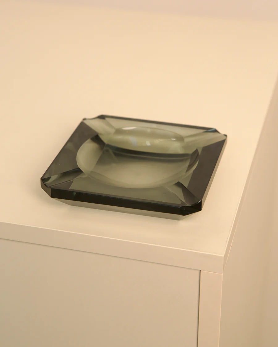 Italian octagon teal glass ashtray by Fontana Arte detail view