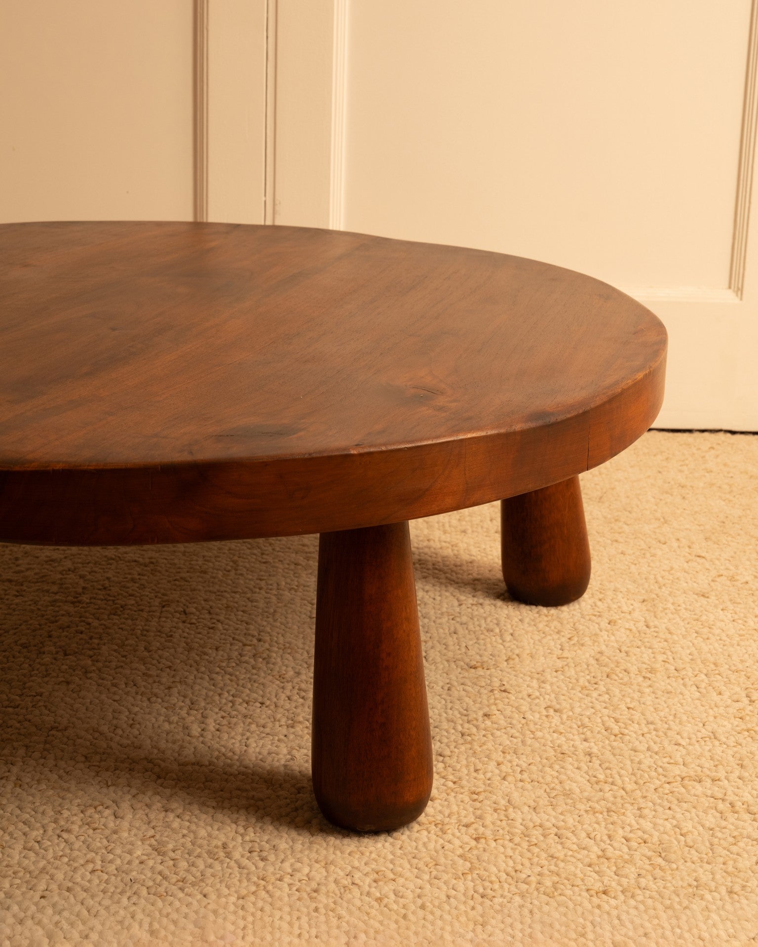 Round teak coffee table with cylindrical legs, French 1970s design