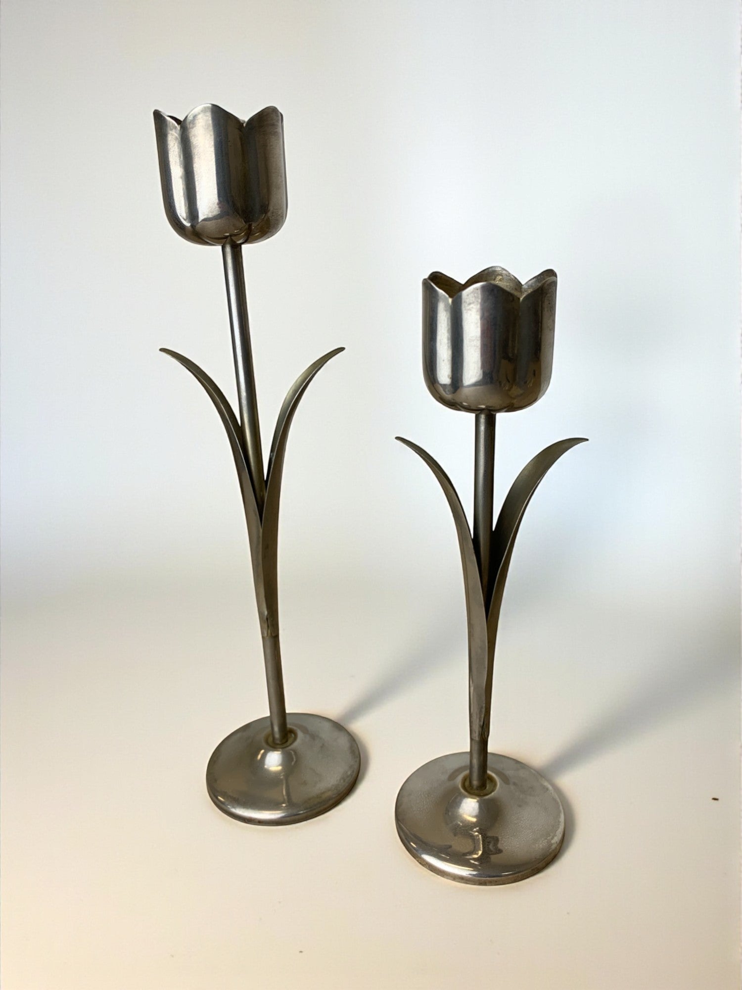 Pair of Chromed Tulip Candleholders, 1970's, Italy — side angle showing polished metal finish