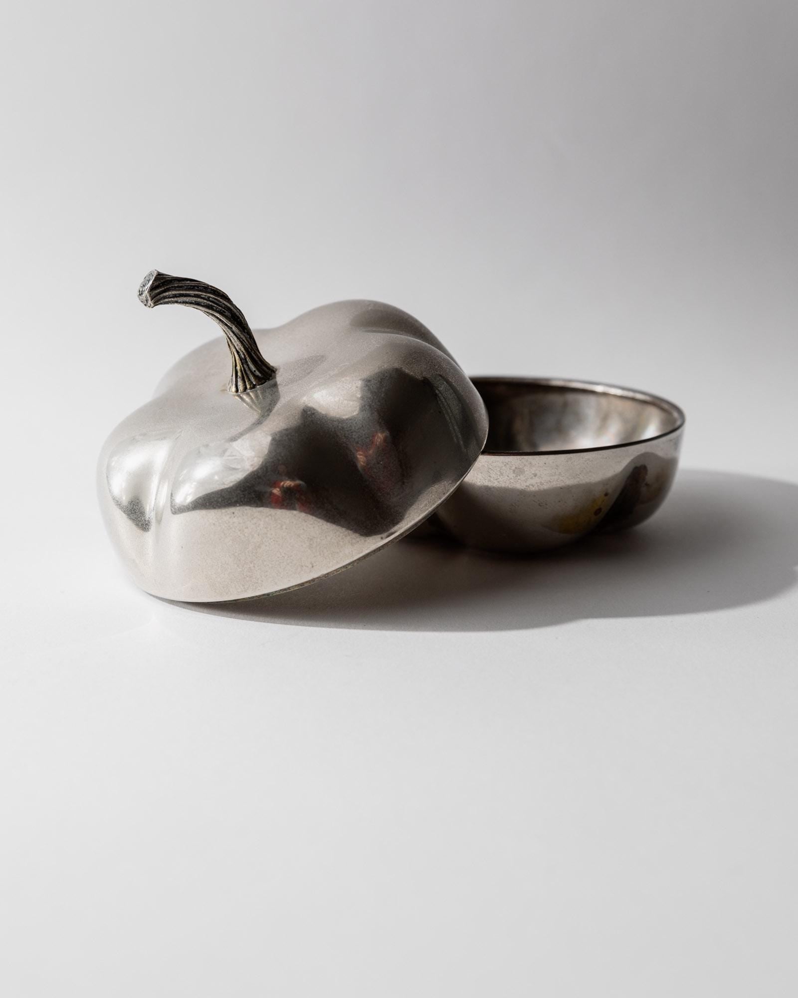 1970s Silver Plated Pumpkin Box — close-up of shiny silver surface