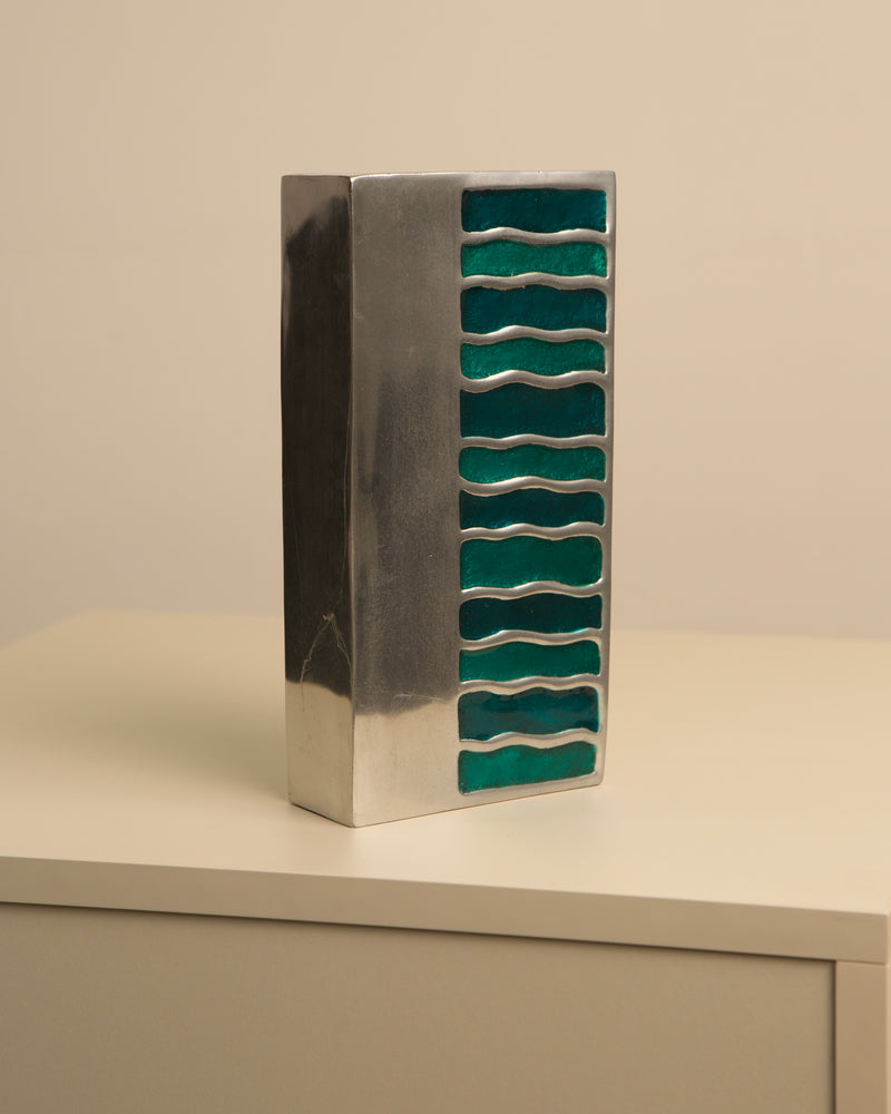 Vintage green enameled aluminum vase with wavy striped pattern 1970s