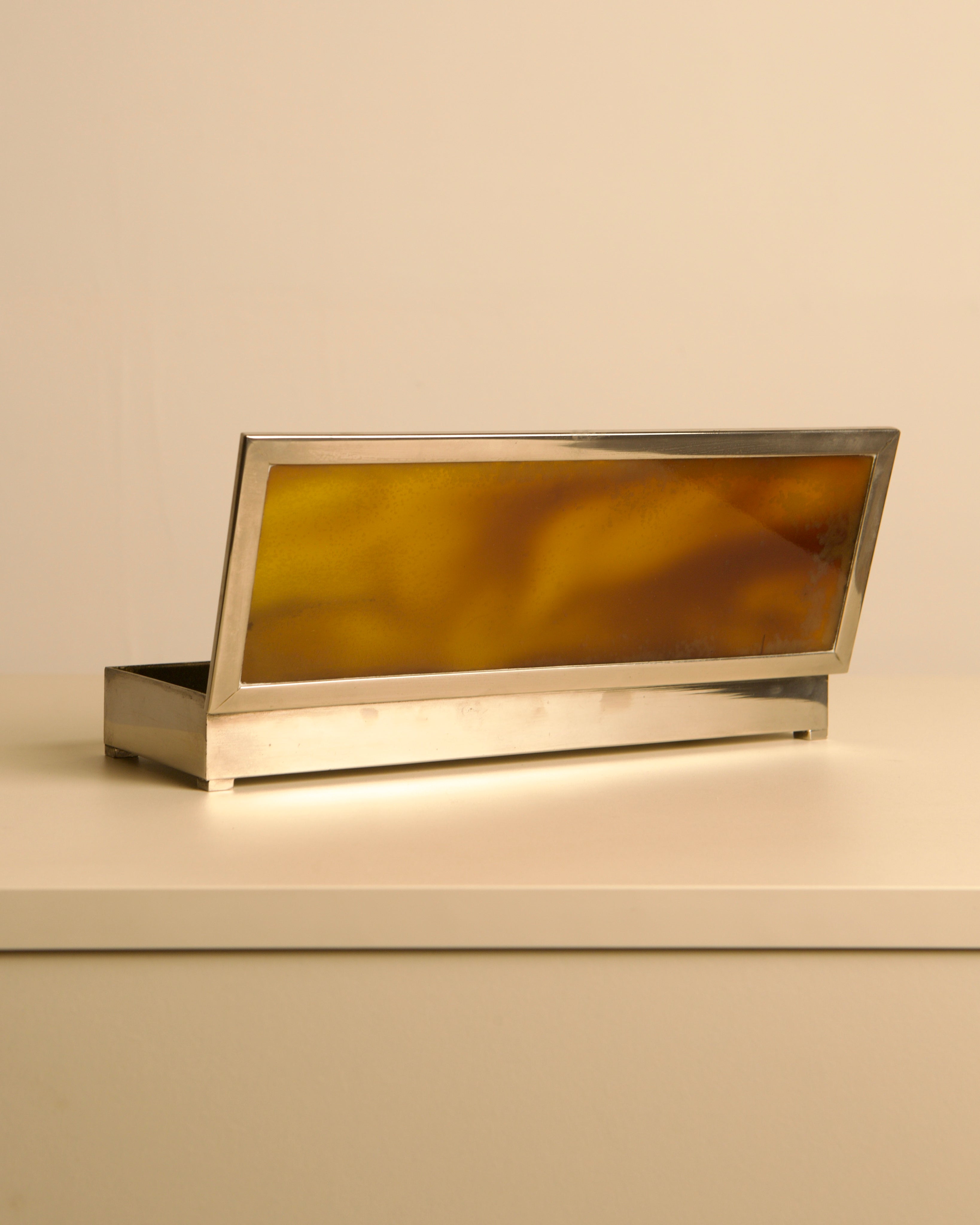 Italian rectangular box in chrome metal, amber faux tortoiseshell lacquer and green velvet — additional view