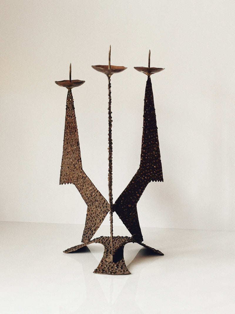 Large Brutalist Molten Metal Geometric Metal Candlestick, Poland Mid Century by Huerto | The Oblist