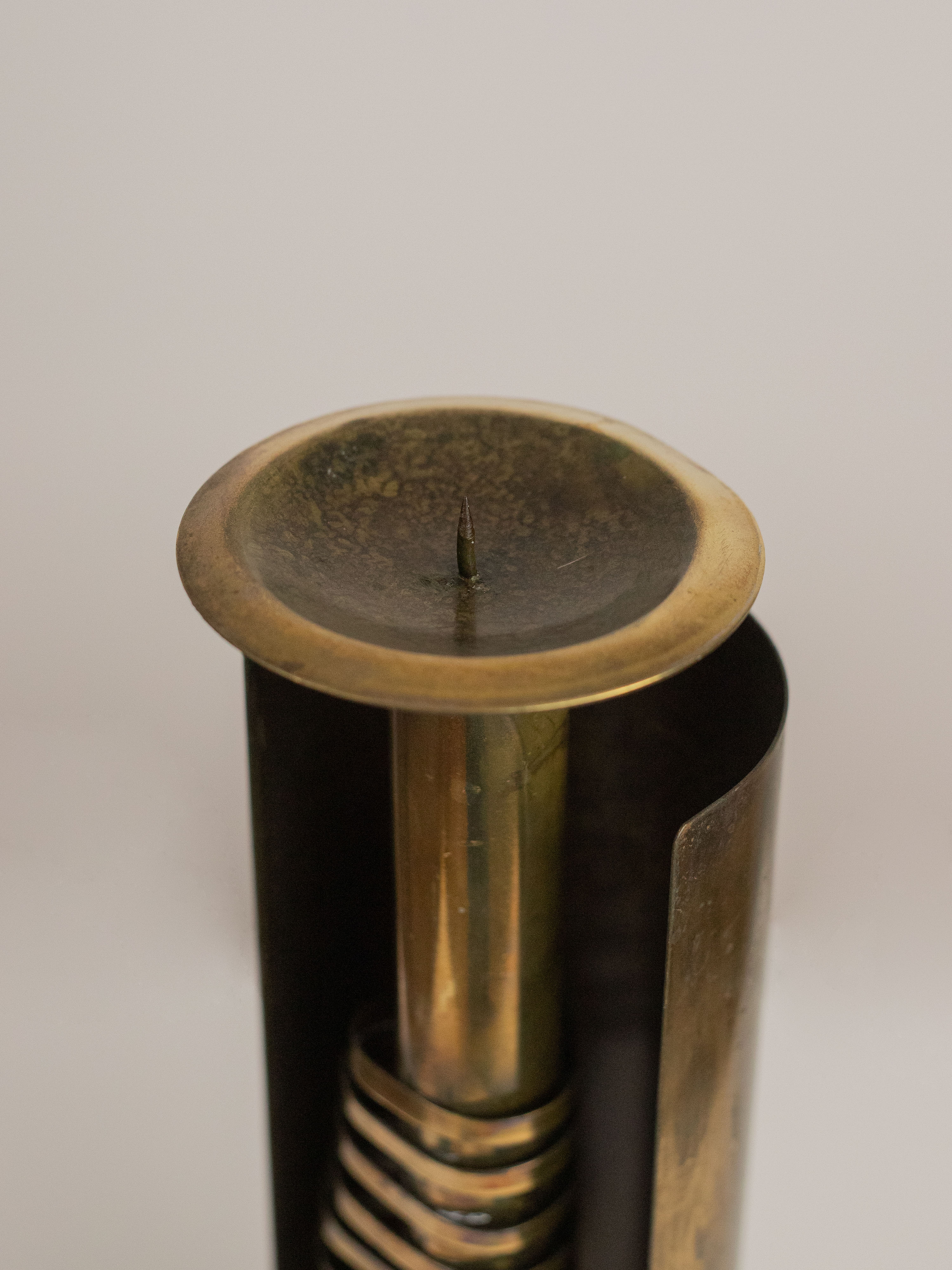 Brutalist Metal Candle Holder- Czesław Palczewski, 1970s Mid Century Modern — top view highlighting brass and metal details