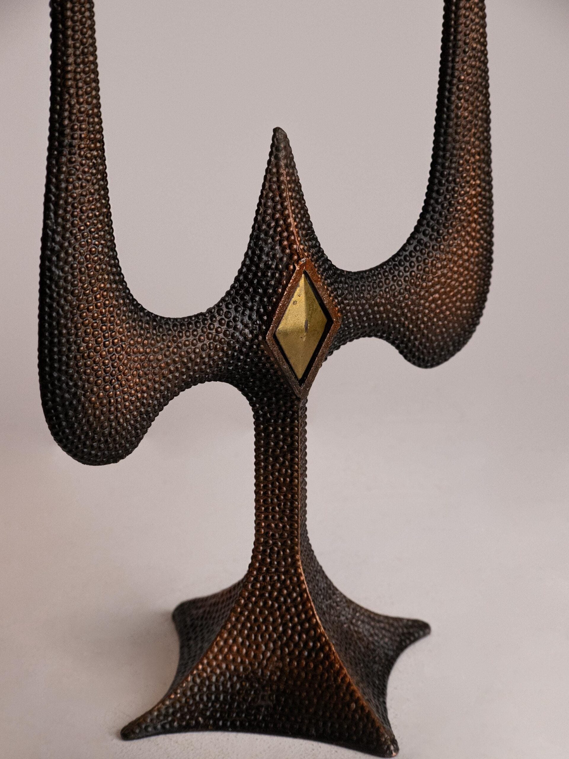 Vintage Brutalist Candle Holder, USSR Mid Century Modern 1960s-1970s Two-Arm Candelabra — side angle