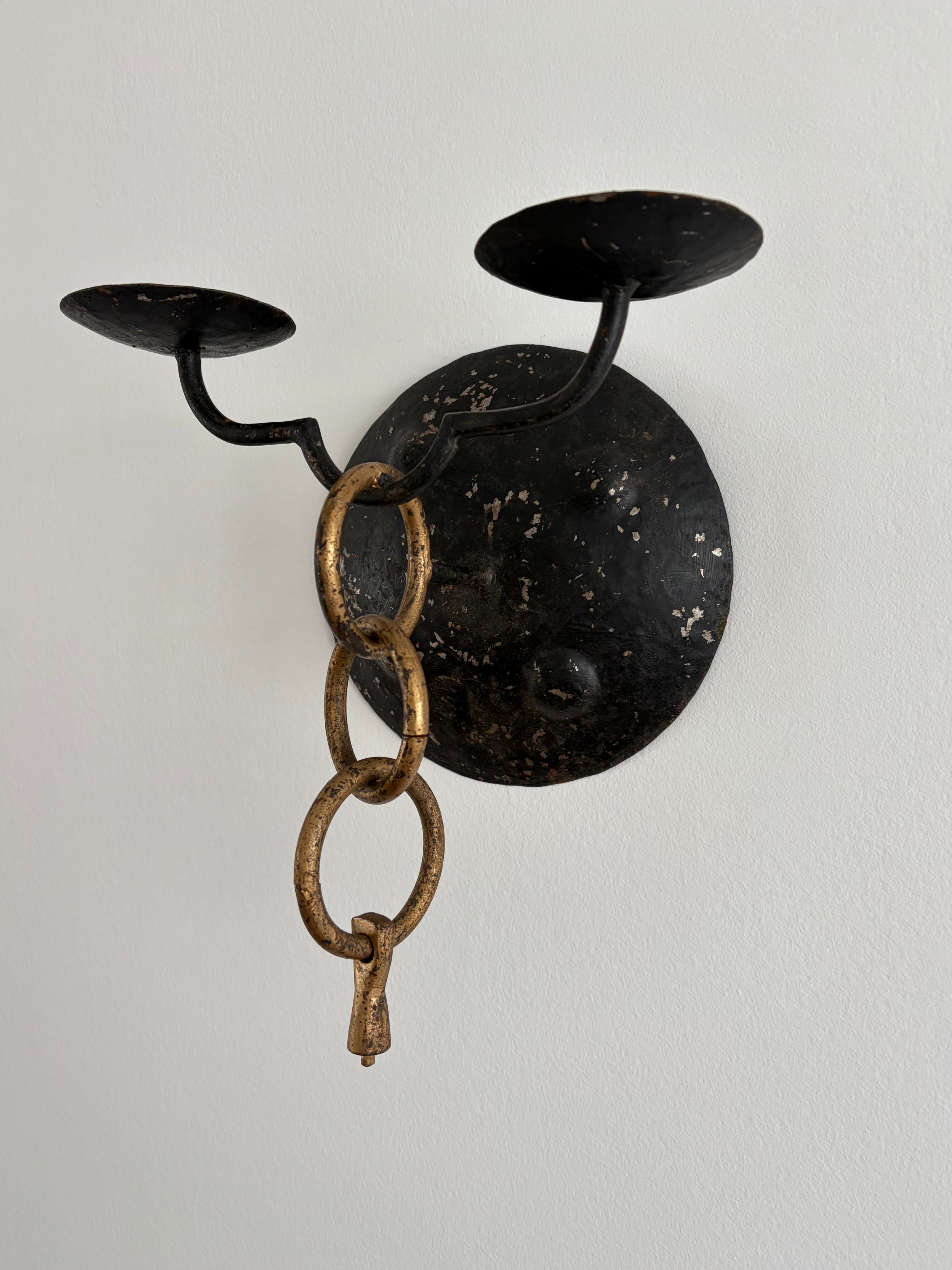 Pair of Brutalist Wall Candleholders, Iron and Brass, Iberian Peninsula, mid-20th century — close-up
