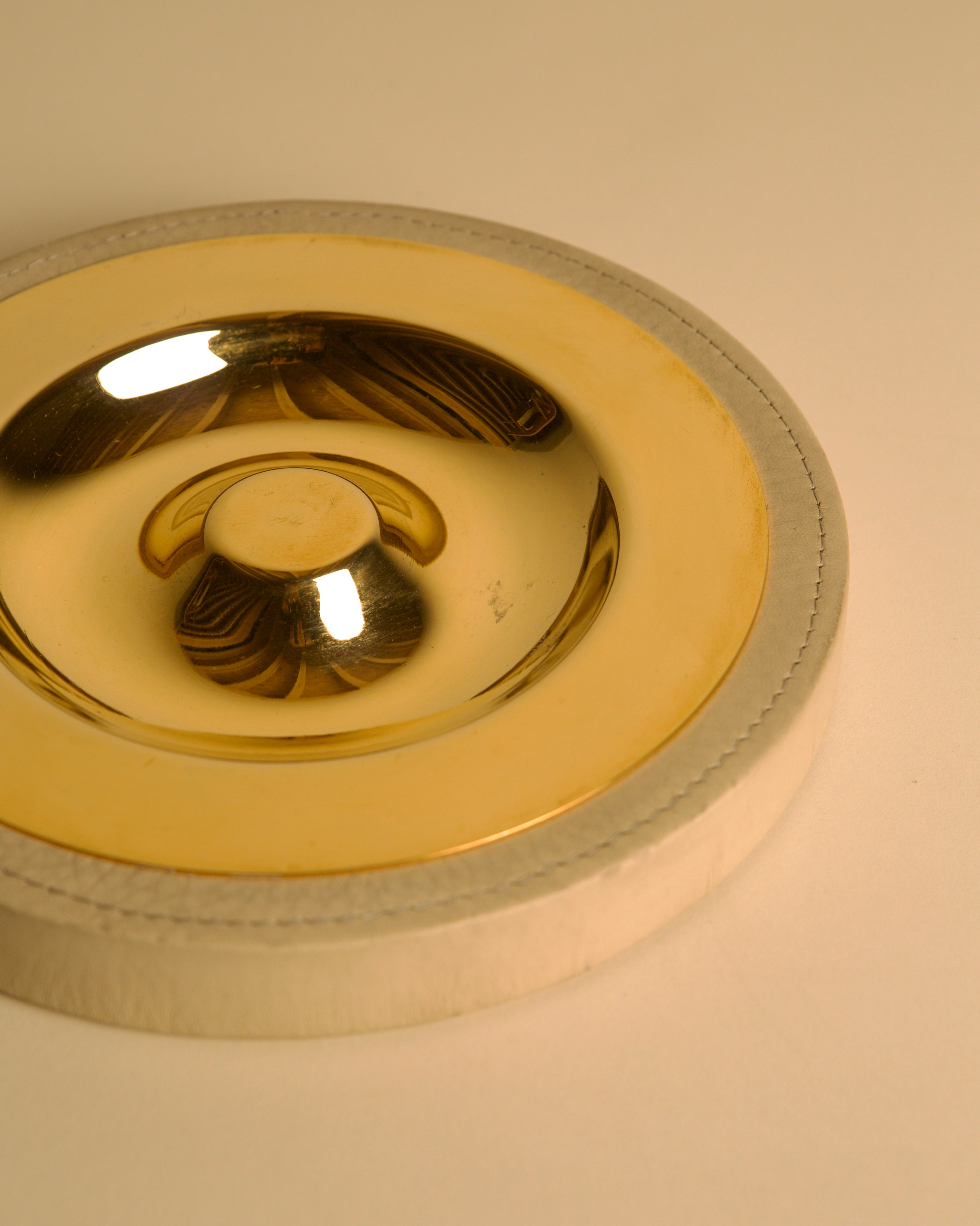 Italian Brass and Cream Leather Vide-poches, 70s — top view of brass dish with leather trim