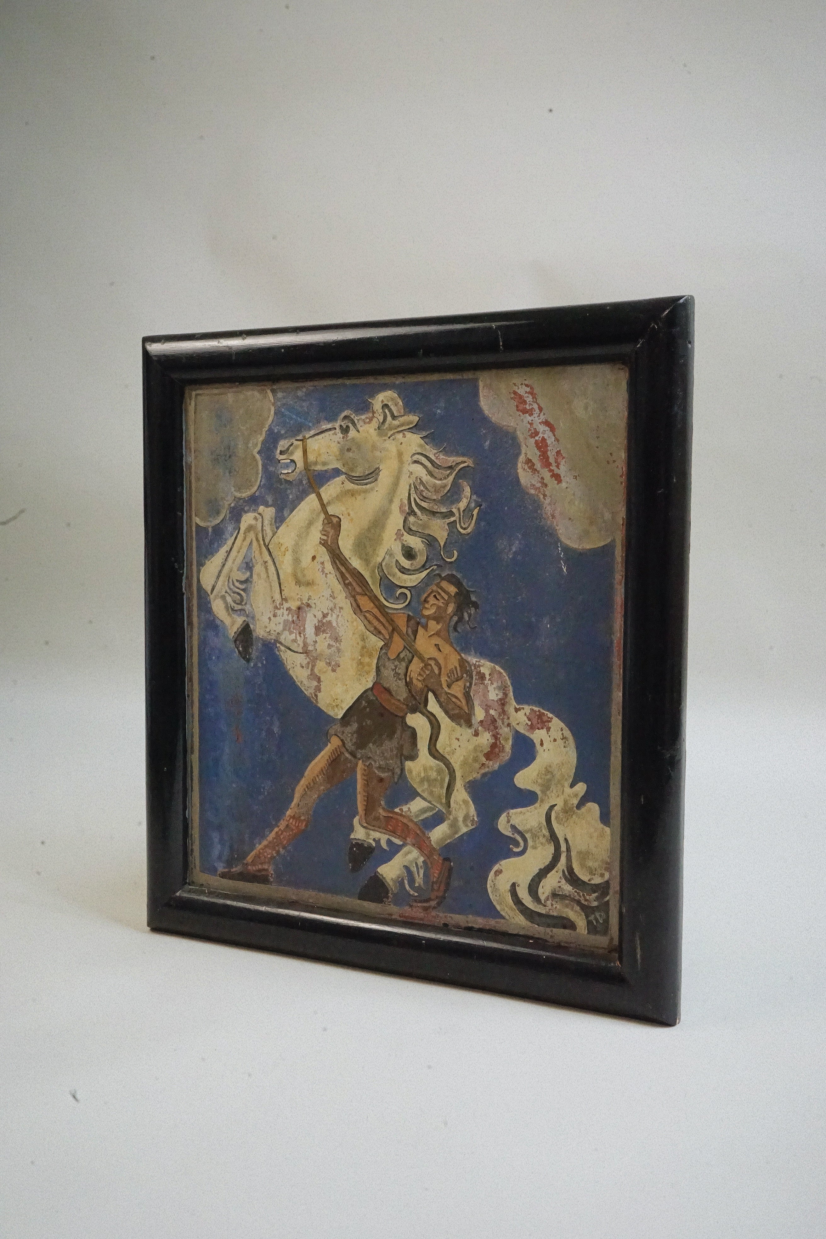 Amsterdam School Terracotta Plaque, c.1920–30 — angled view with dark frame and blue background