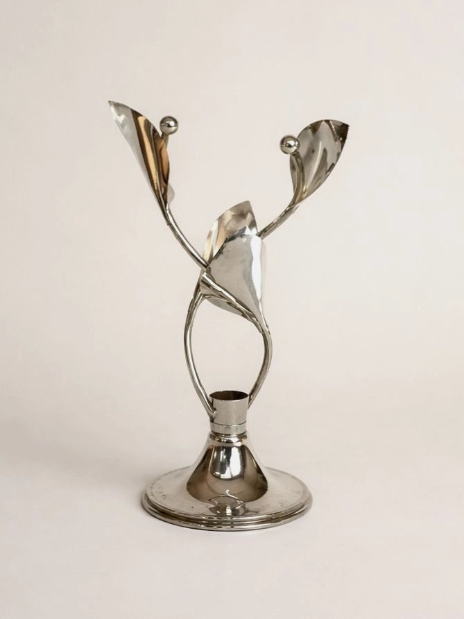 1980s French Vintage Chrome Floral Candlestick — detail view