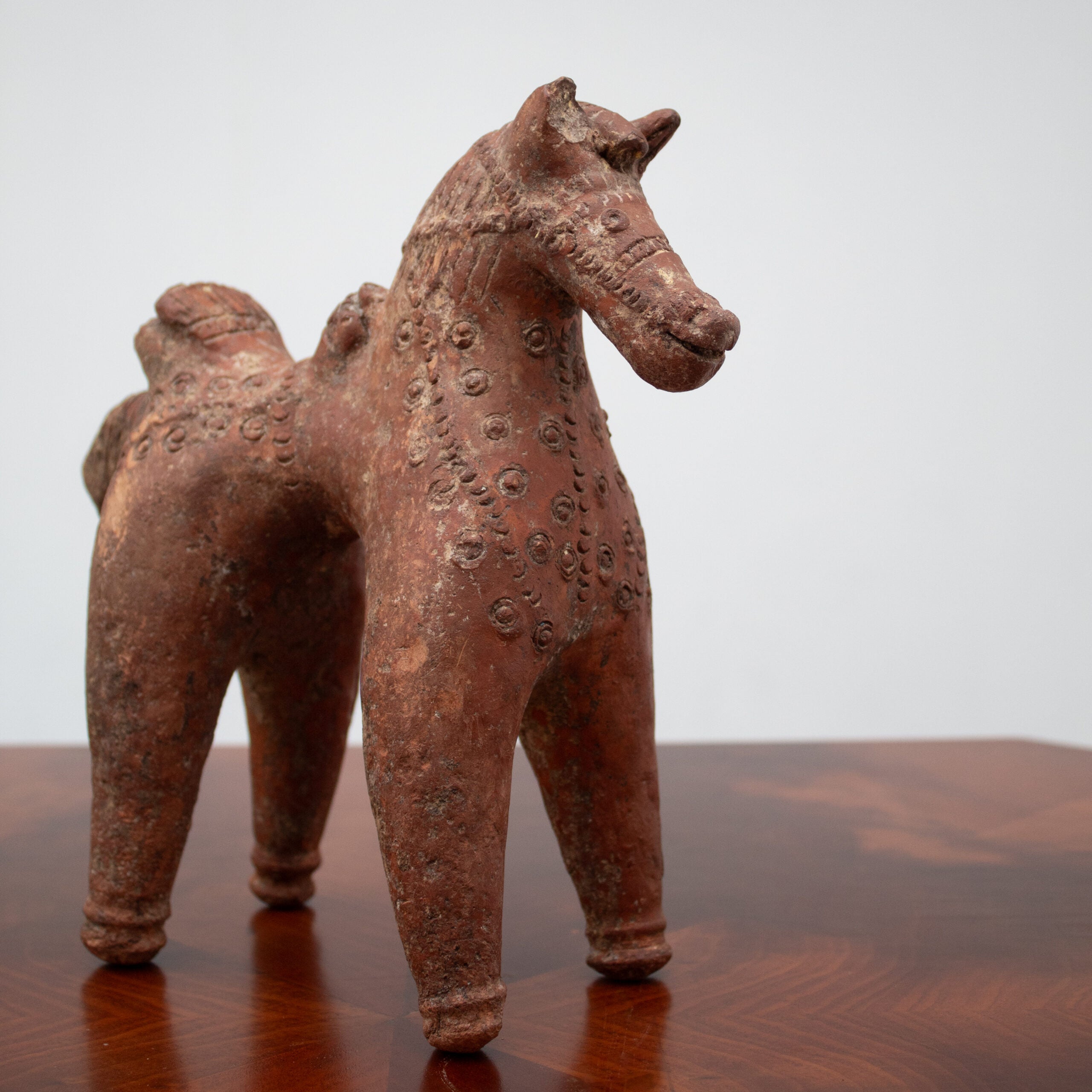 Terracotta Horse Sculpture with Geometric Decoration — side angle