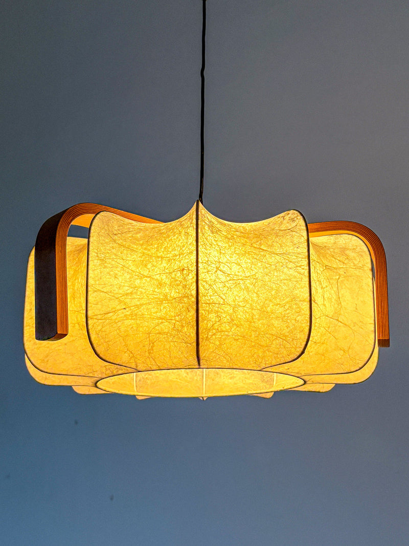 Mid-Century Cocoon Pendant Lamp, Resin & Pine Wood, Italy, 1960s — detail view