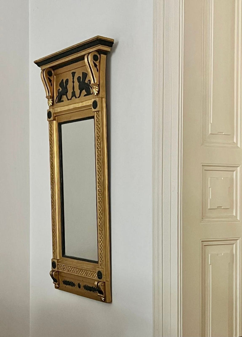 Large 1800s Gustavian neoclassical gilt mirror with decorative carved pediment