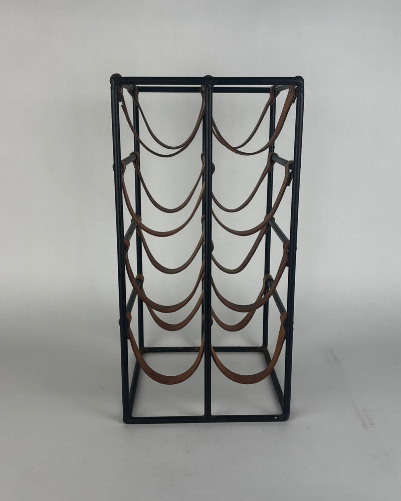 Arthur Umanoff wine rack with leather slings and black steel frame