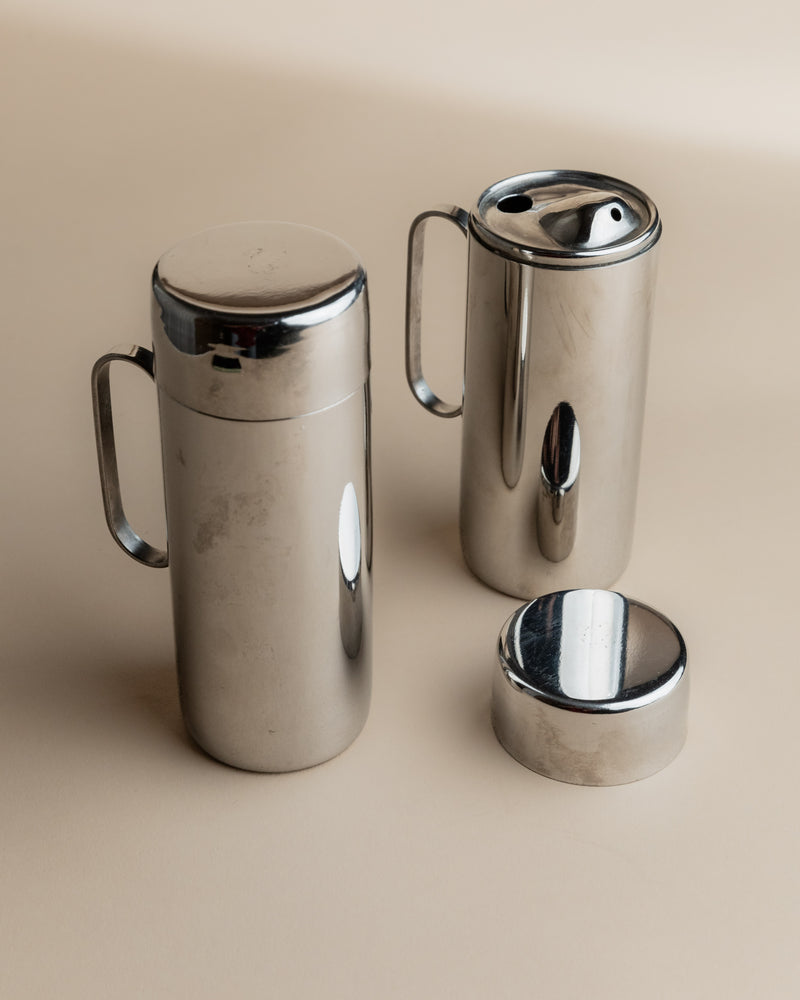 1980s stainless steel oil and vinegar cruet set with handles