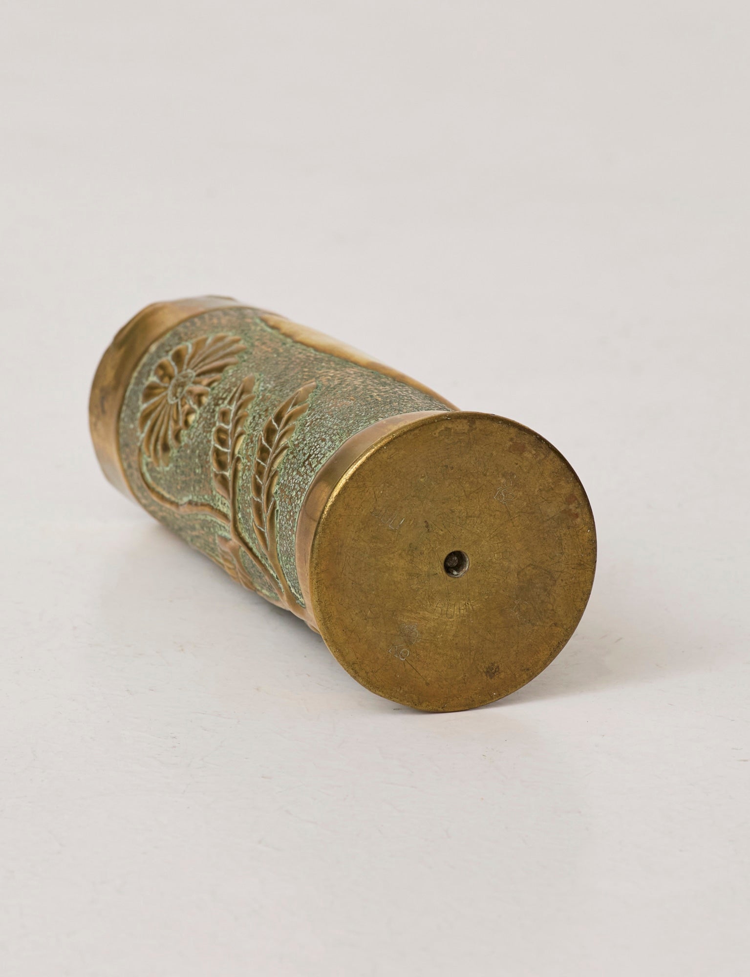 Vintage Vase in Metal Brass (hand-repoussé Daisy and Lily of the valley motifs) — alternate view