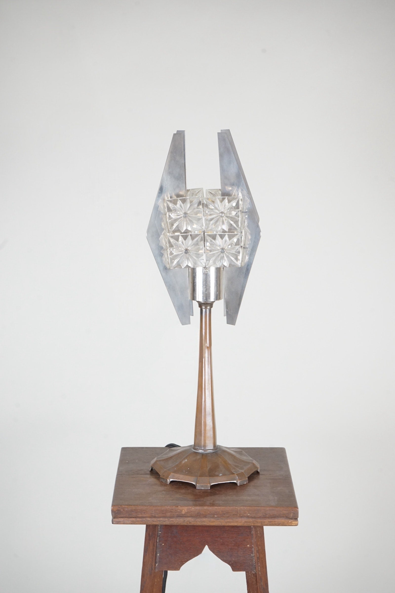 Copper Lamp c.1920 with Later Glass Shade — front view on wooden table