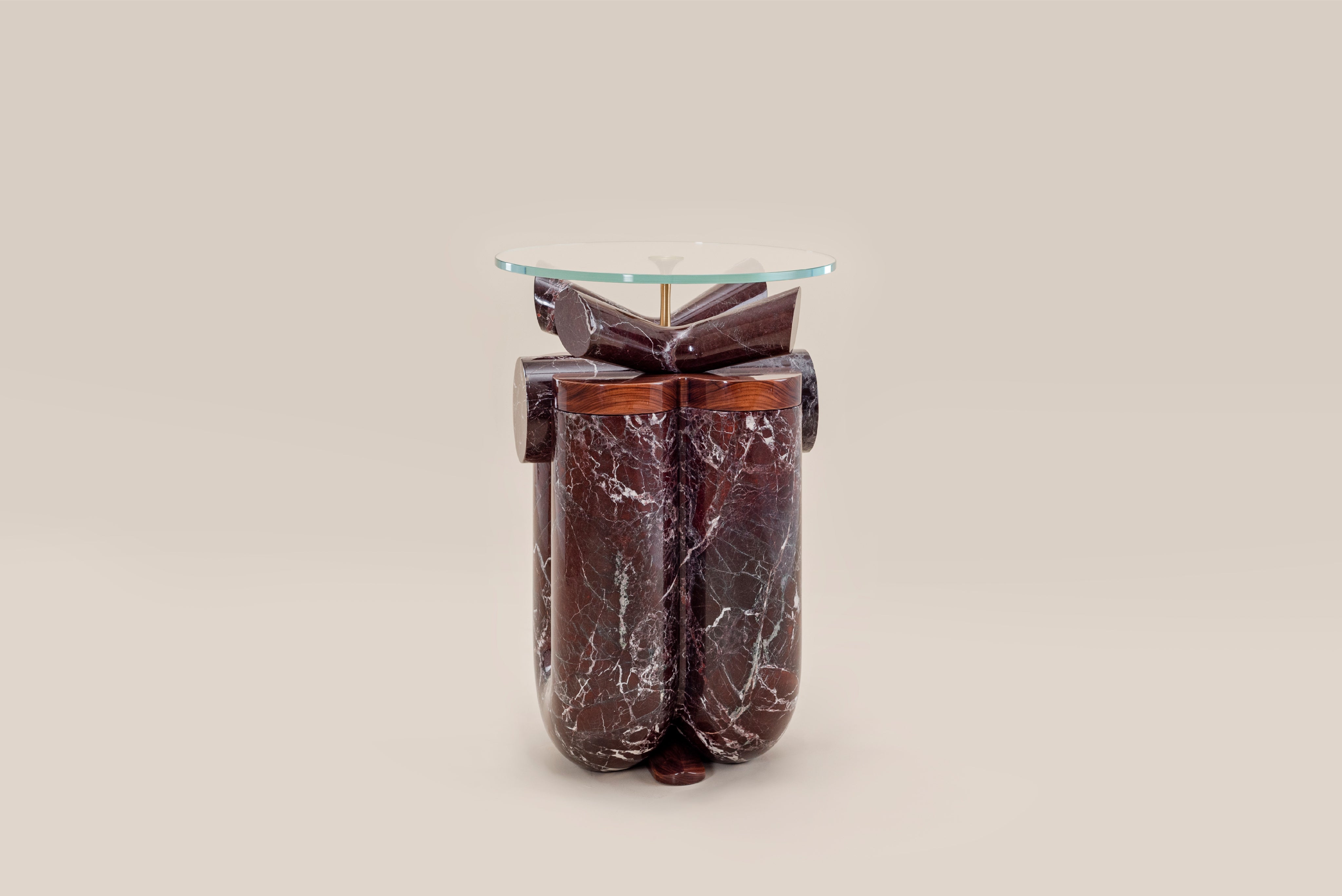 Ceti Side table — front view with polished marble base and glass top