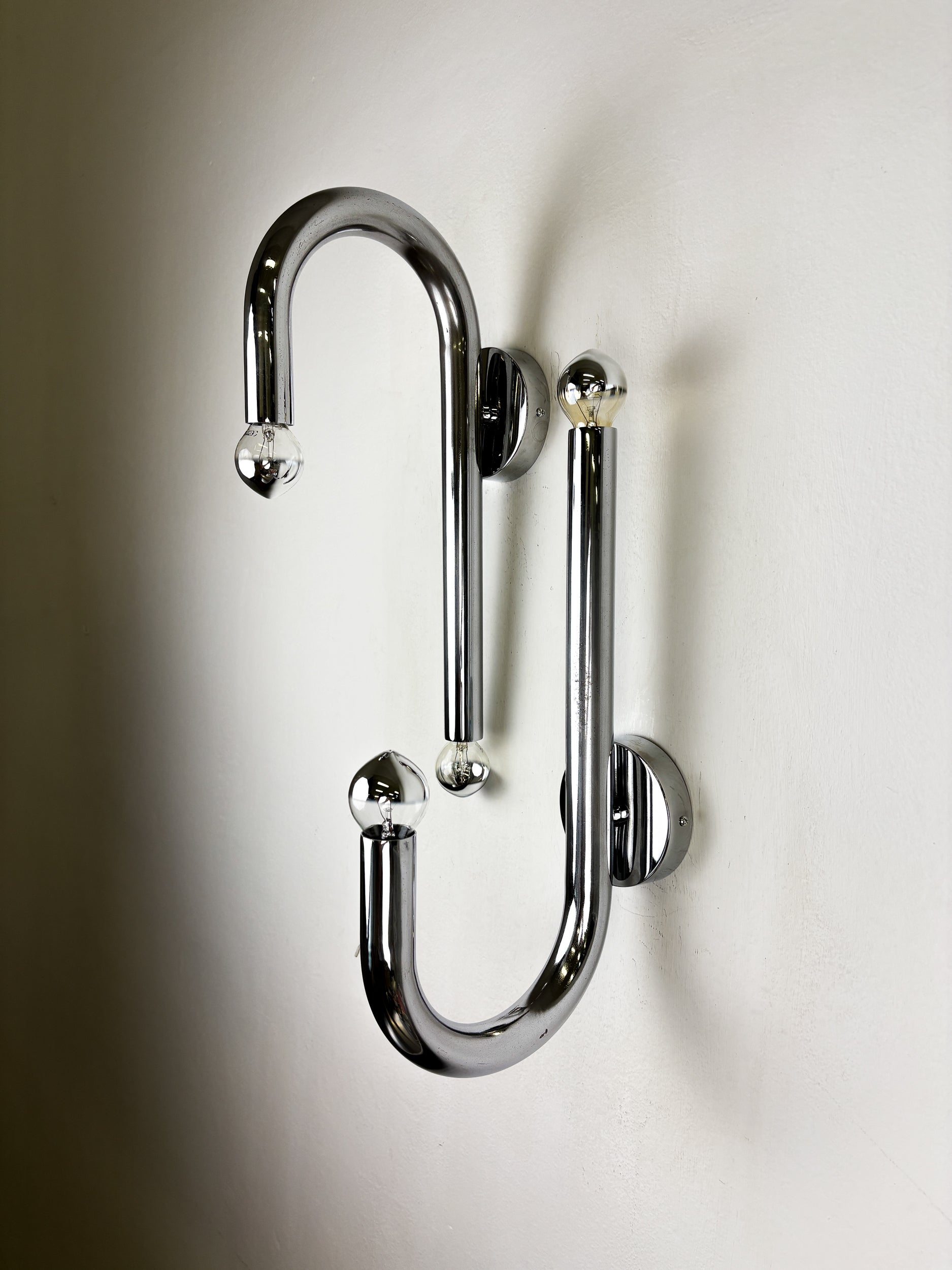 Pair of Space-Age Tubular Wall Lights, Chromed Metal, Italy, 1970s — side angle