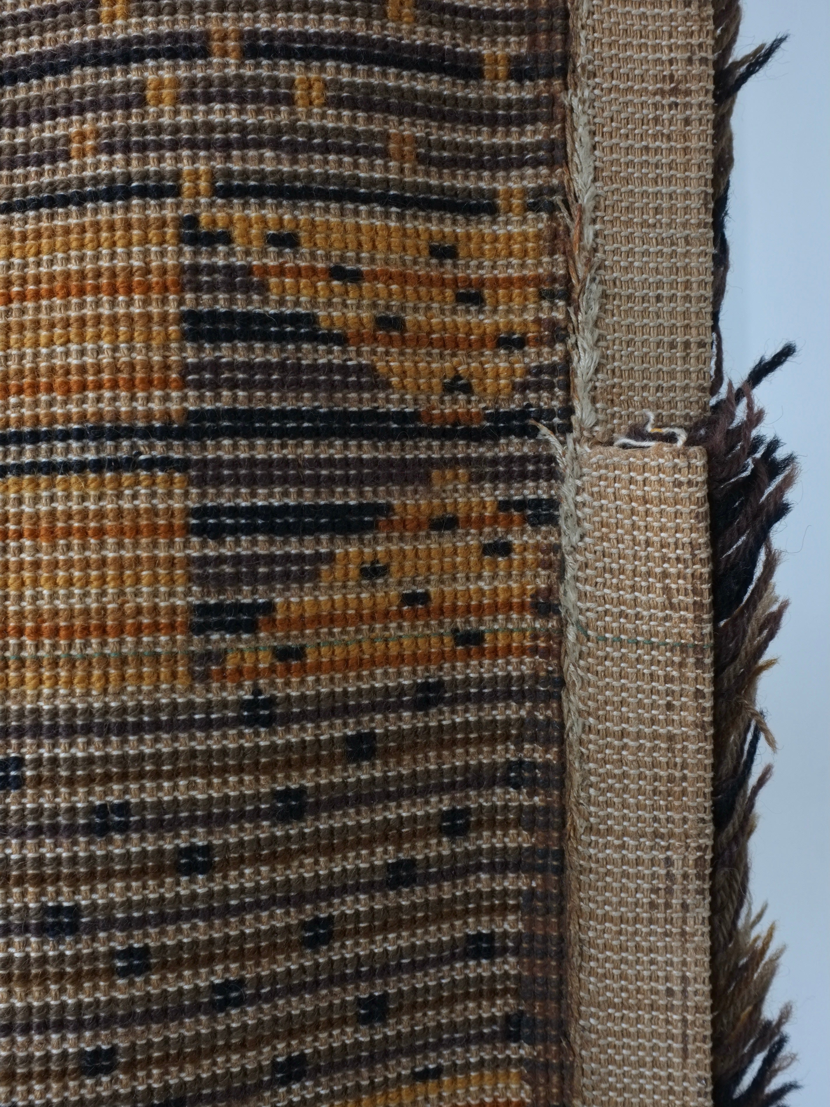 Large Scandinavian Brown Wool Rya Rug | Sweden | 1960s — top view highlighting woven texture and color patterns