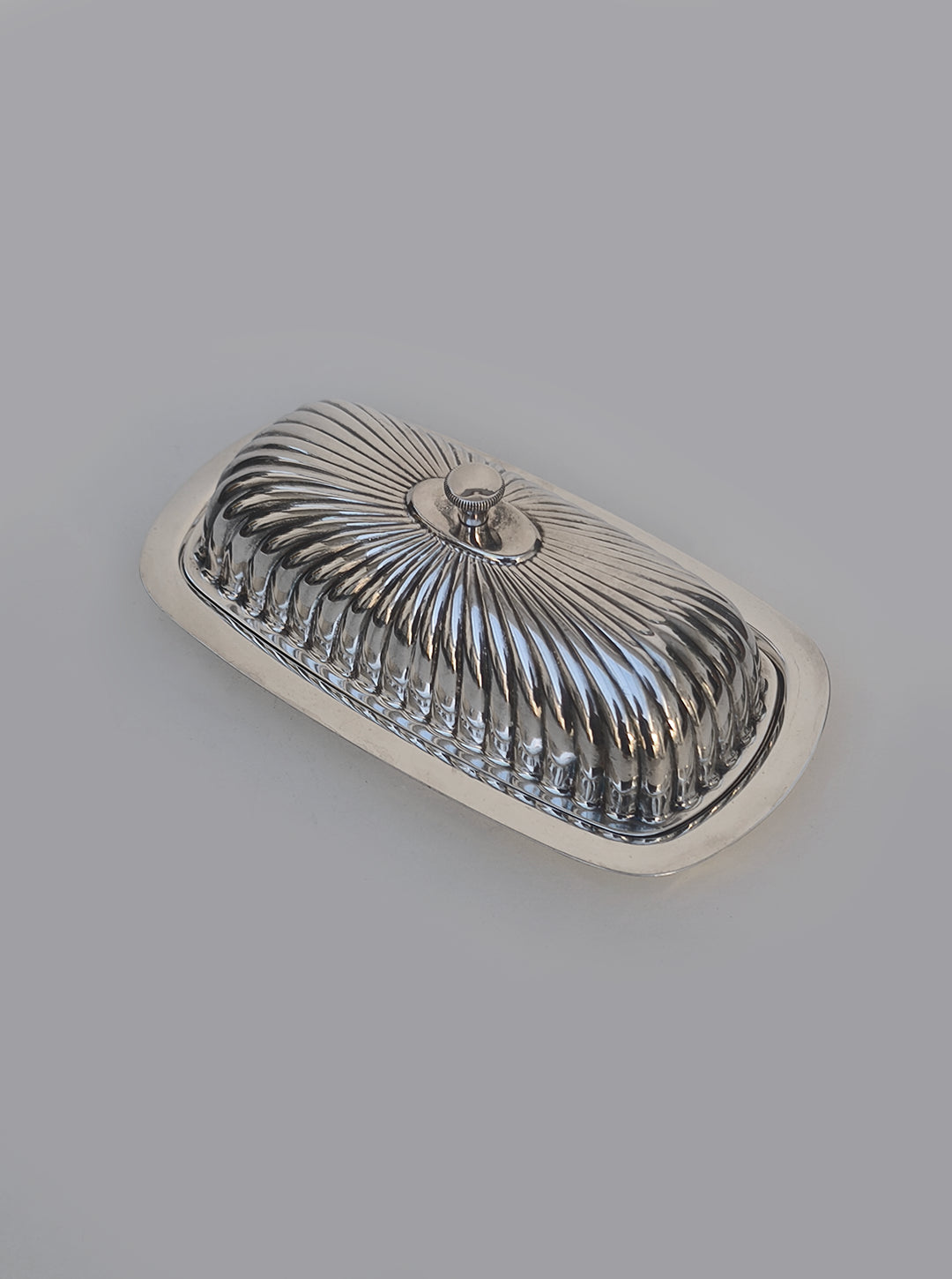 Silver-plated Butter Dish — side angle showing ribbed lid detail