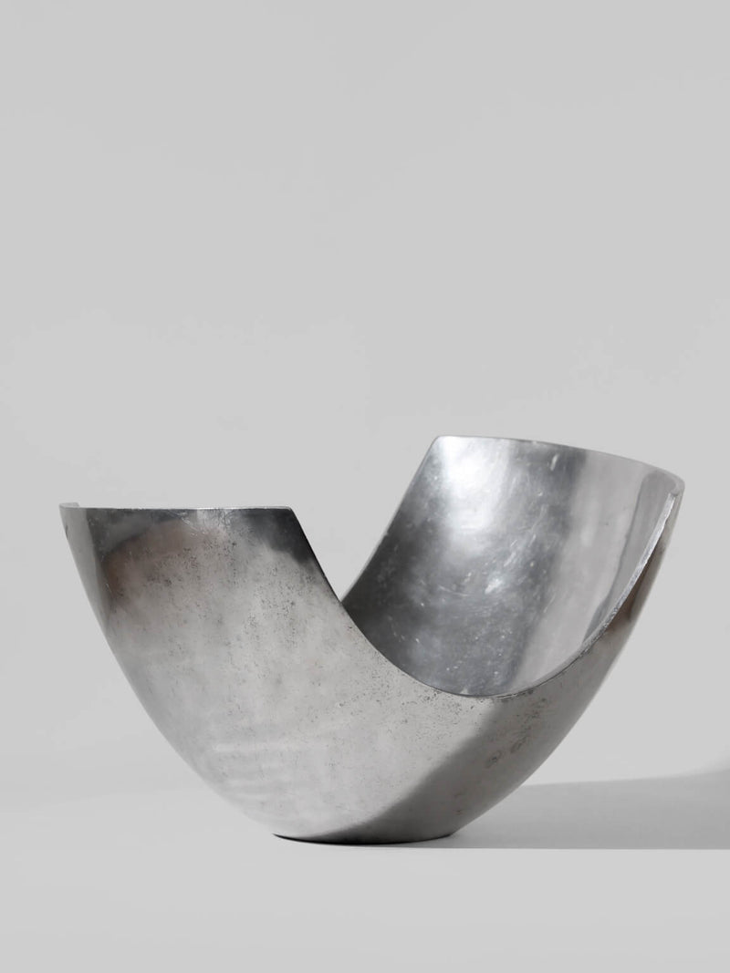 Polished Aluminum Asymmetric Contemporary Large Deep Bowl by Vintage Stories | The Oblist — polished silver finish