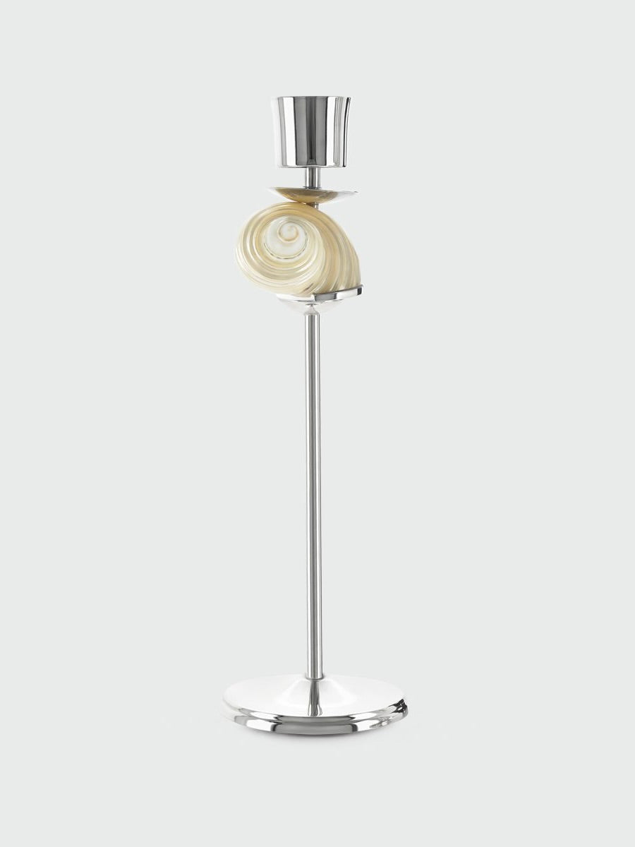 Silver Spiral Candleholder — side angle showing polished silver and cream spiral design