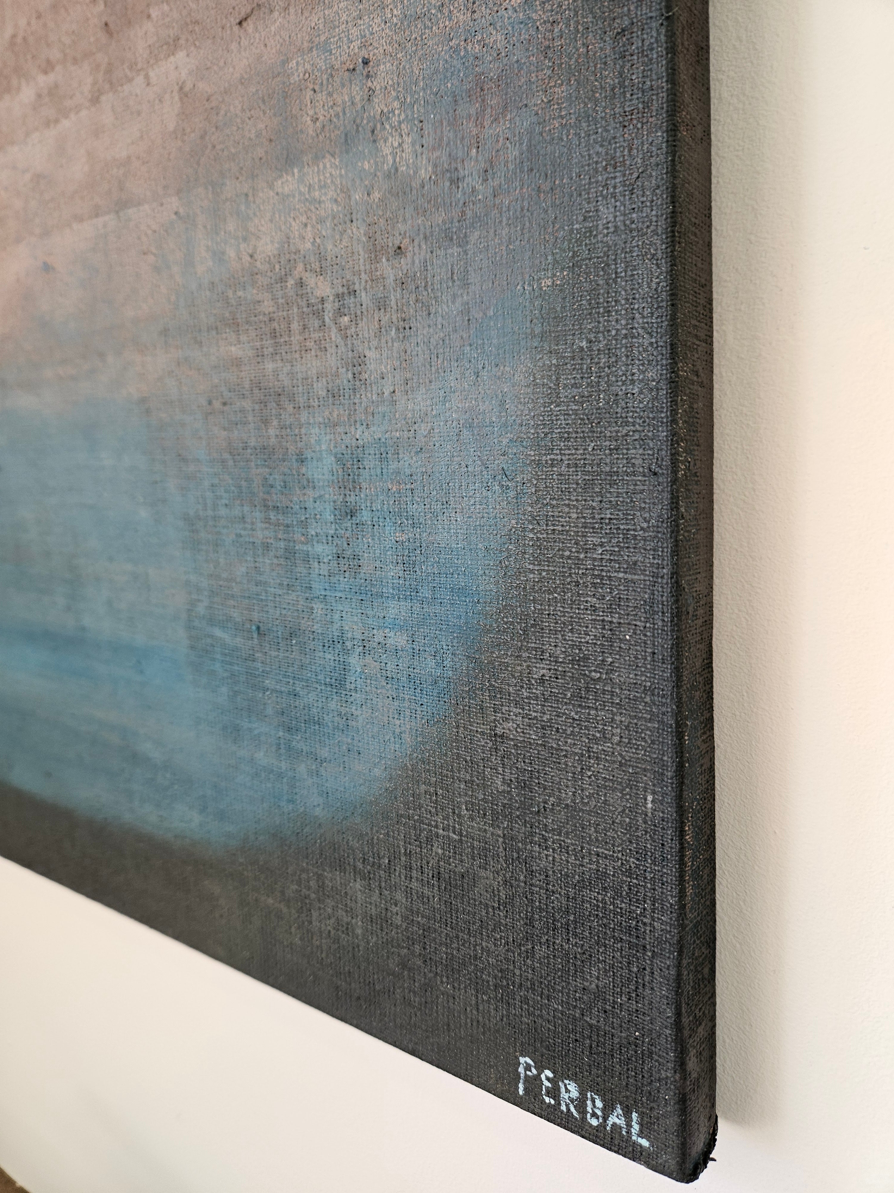 Painting on Canvas, Lime Paint and Oil on Raw Linen "through the window" (50x50cm) — side angle showing textured linen surfac