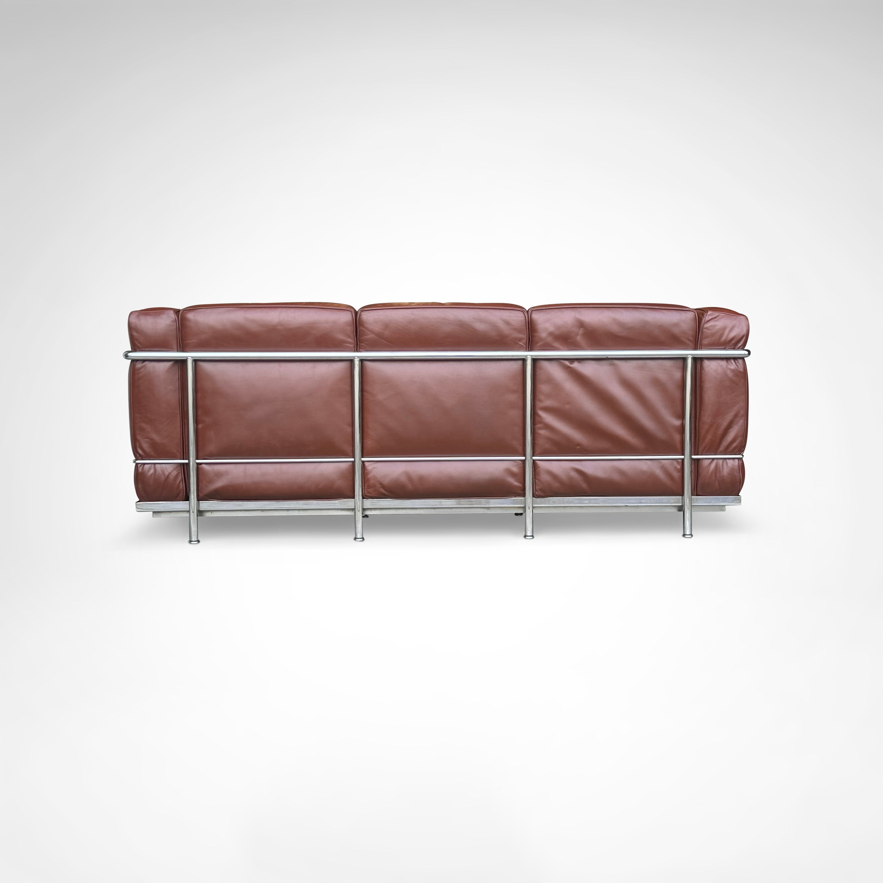 Early production LC2 leather 3-seater sofa by Le Corbusier et al Cassina 1970s — back view highlighting brown leather upholst