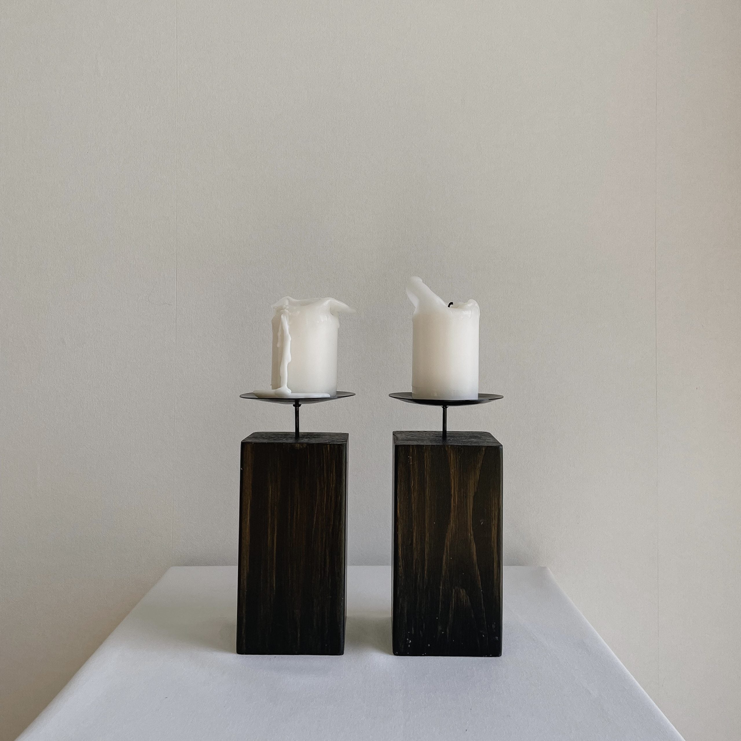 Pair of Wooden Candle Holders — side angle