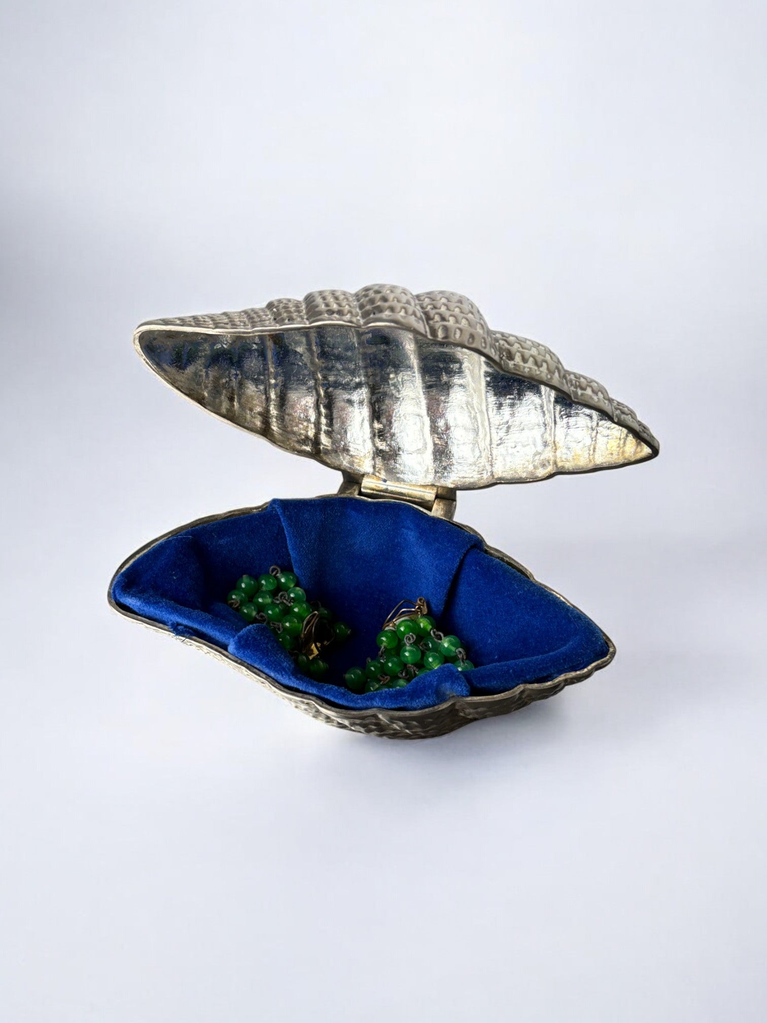 Shell Jewelry Box, Italy, 1970's — open view with blue velvet interior