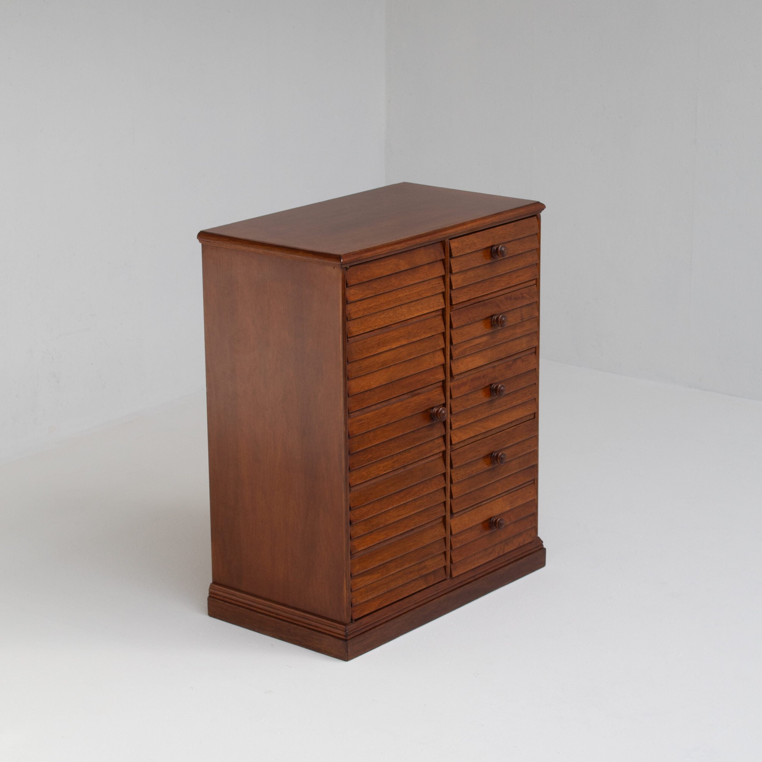Mid Century Slatted Cabinet with Drawers and Storage — close-up