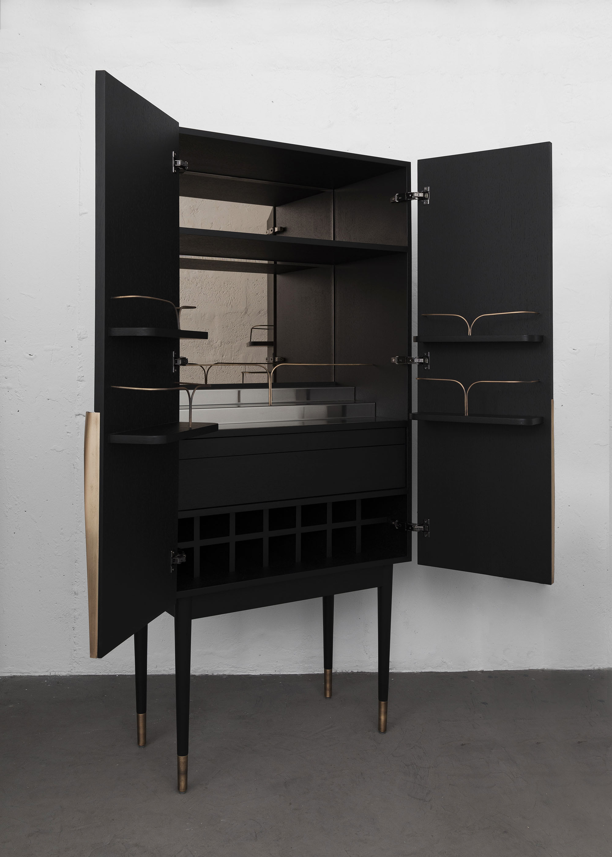 PERFIDIA_01 Bar Cabinet in Solid Wood and Casted Bronze Details — side angle