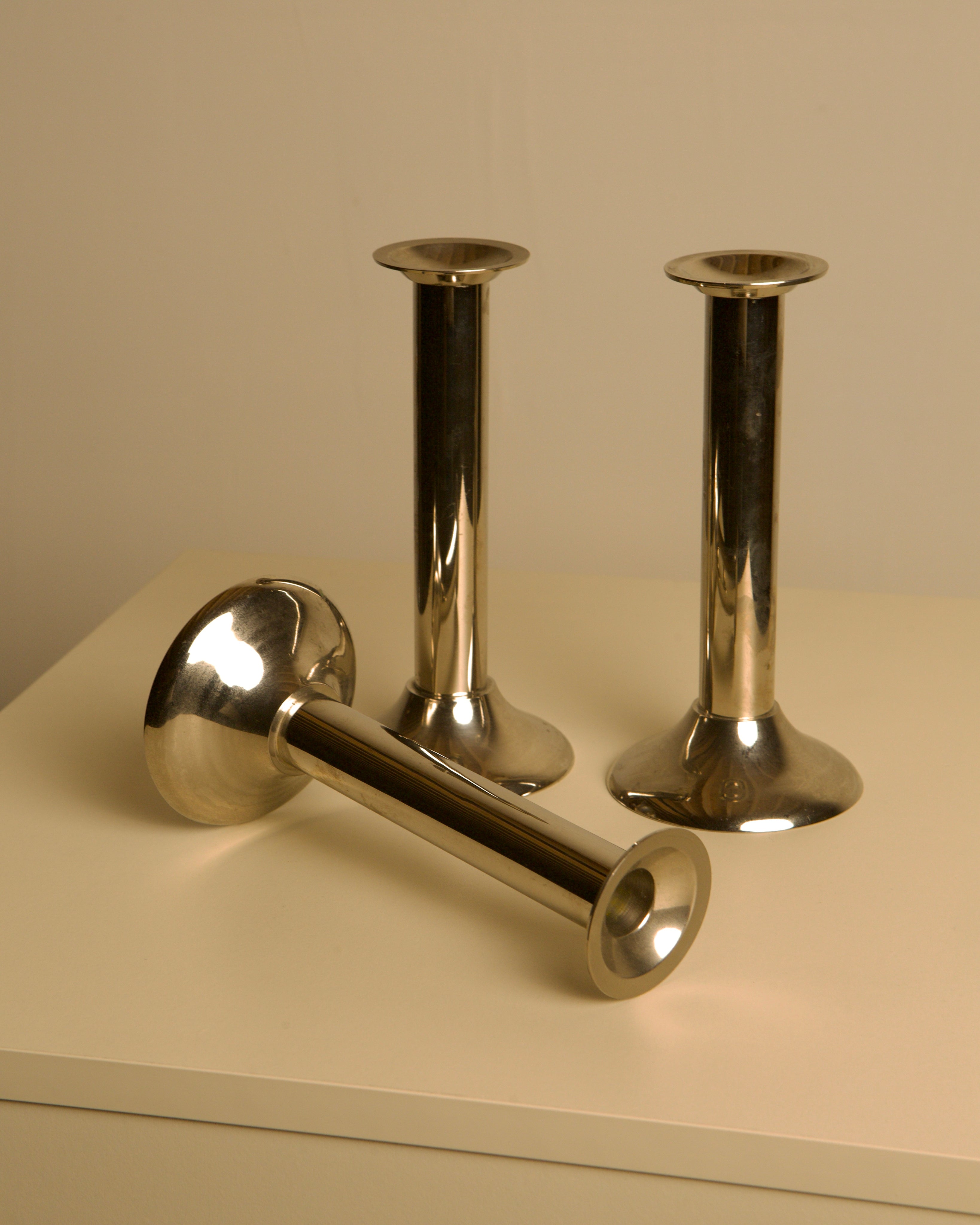 Set of 3 Italian Silver-plated Metal Candlesticks from the 70s