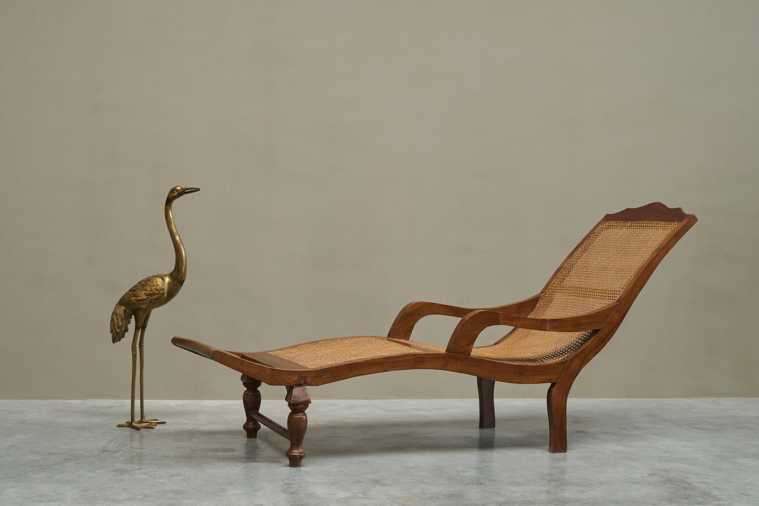 Sculptural Colonial Chaise Longue in Wood and Hand-Woven Cane, 1920s — alternate view