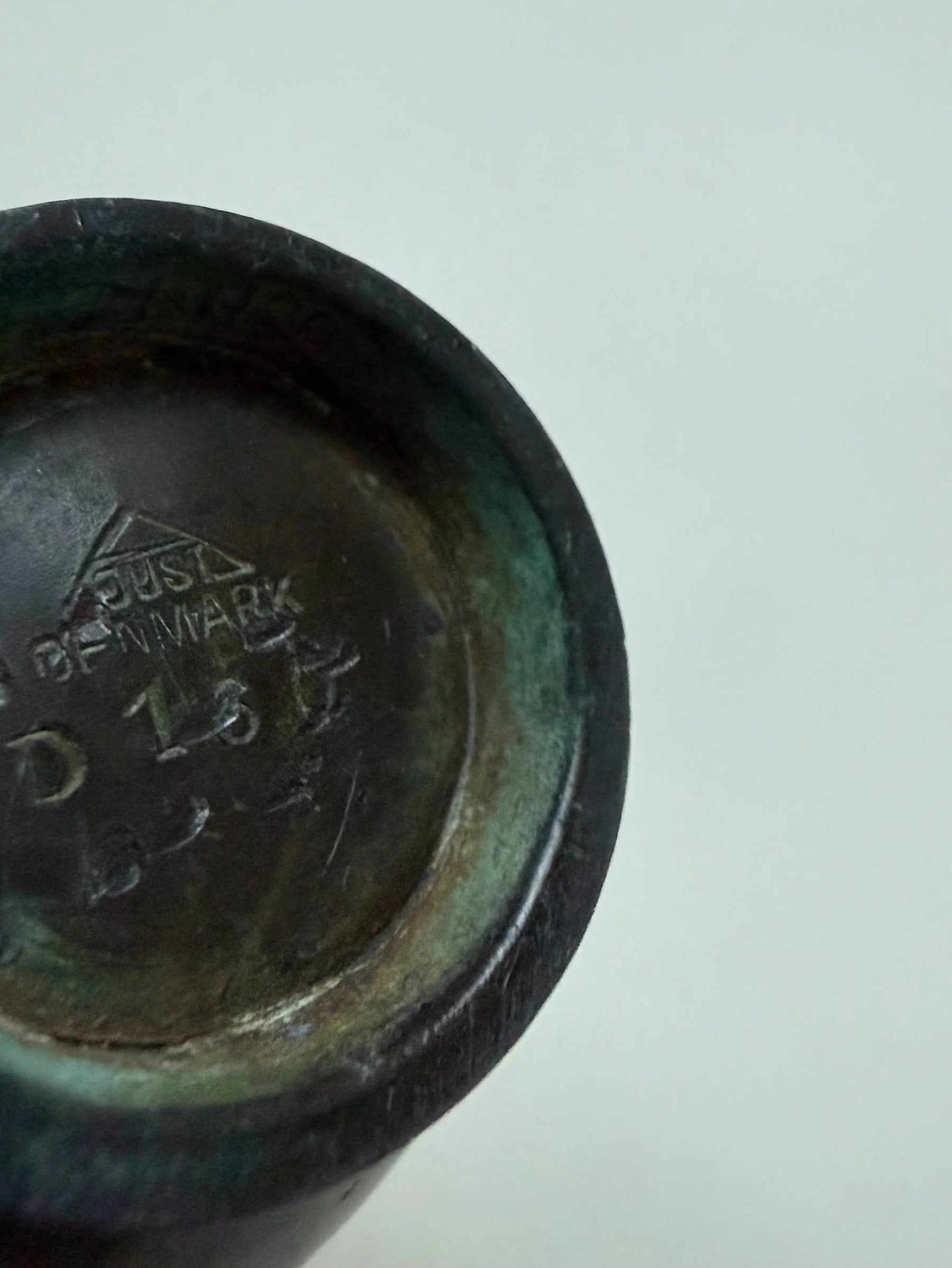 Small Just Andersen Vase in Disko Metal, Denmark, 1930s — bottom view showing maker's mark and patina