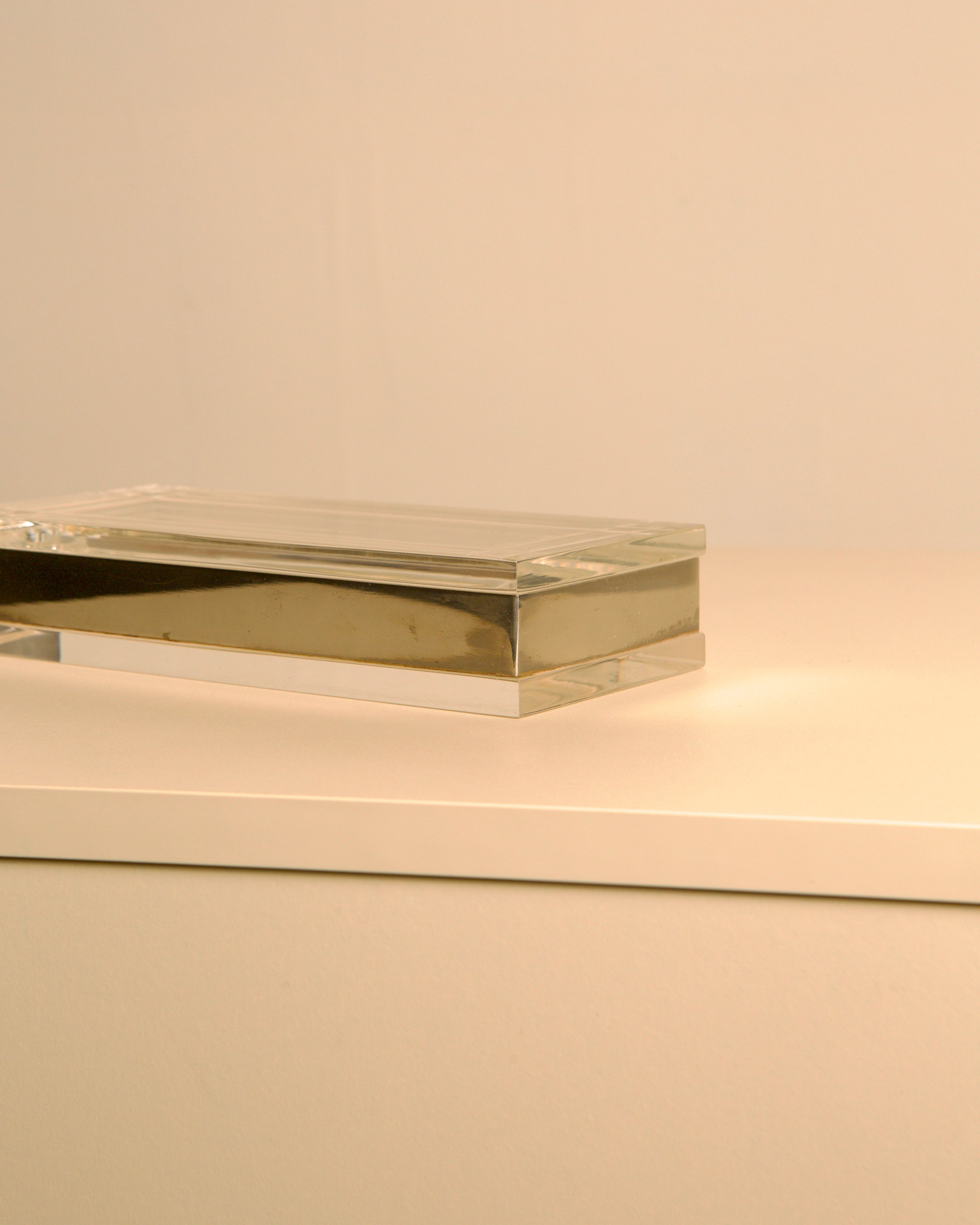 Large Rectangular Italian Silver and Plexiglass Box 70s — angled view on white surface
