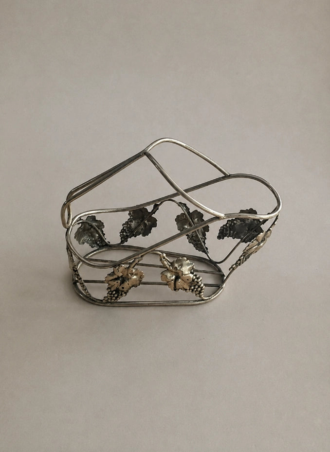 1970s French Vintage Godinger Silver-Plated Grape Leaf Wine Bottle Holder — detail view