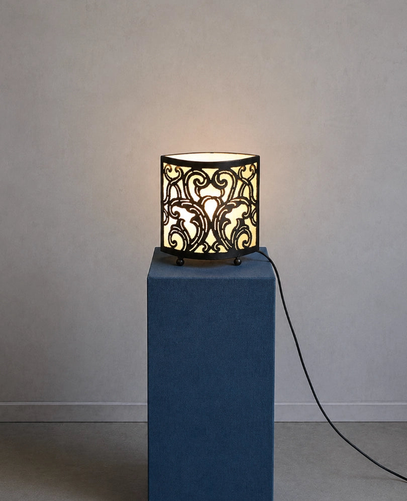 1970s French D-Shape Wrought Iron & Fabric Table Lamp — close-up