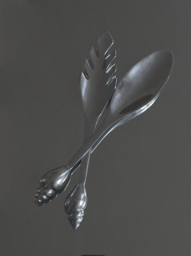 Shell Salad Cutlery Set — close-up of black metal utensils on dark background