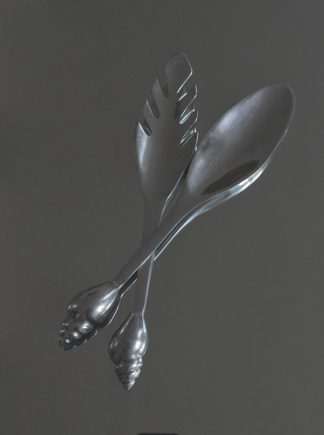 Shell Salad Cutlery Set — close-up of black metal utensils on dark background